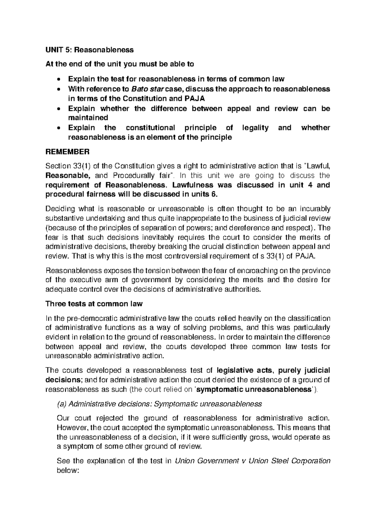 UNIT 5: Reasonableness in Administrative Law (Notes) - Studocu