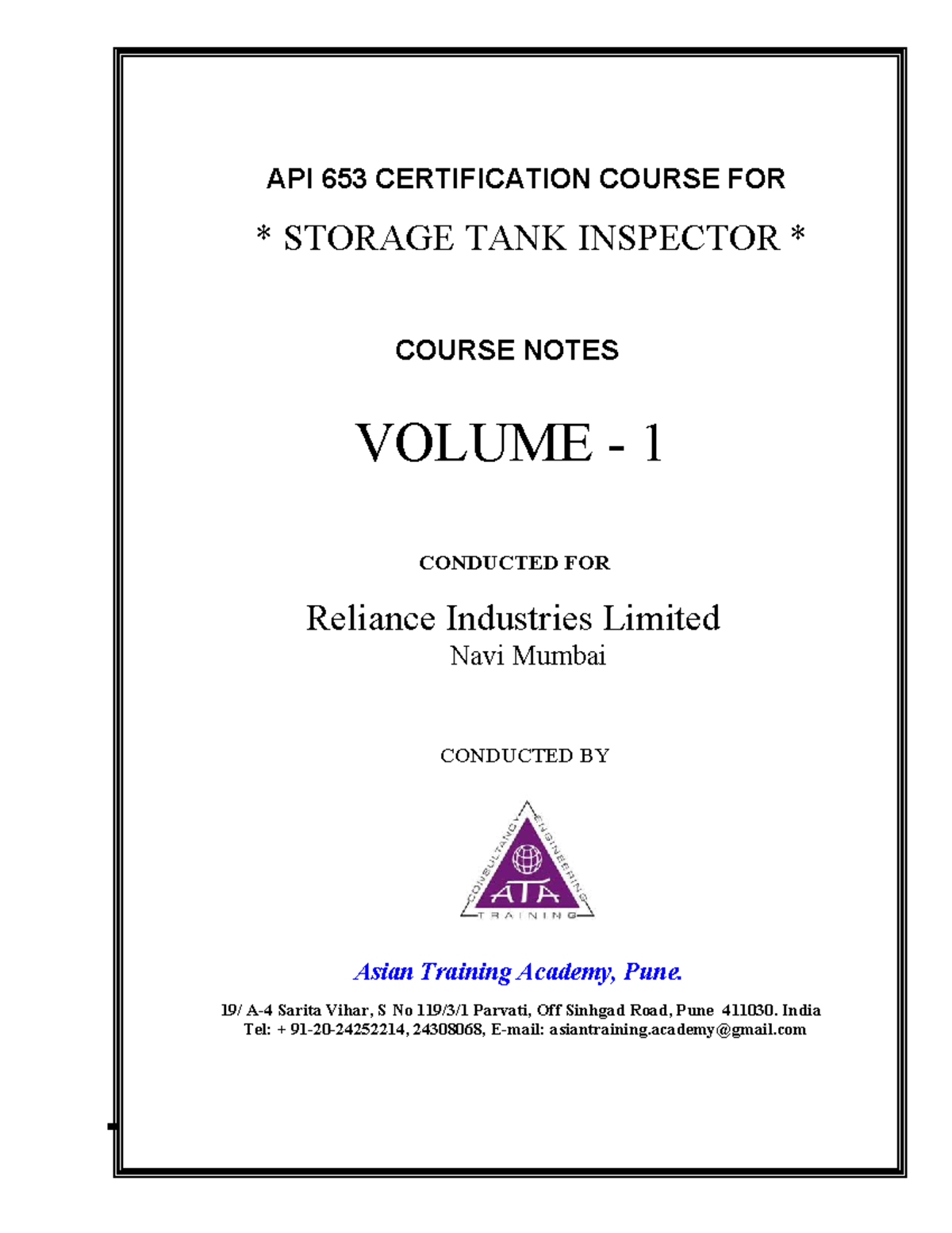 API 653 Certification Course Notes: Preparatory Workbook Volume 1 - Studocu