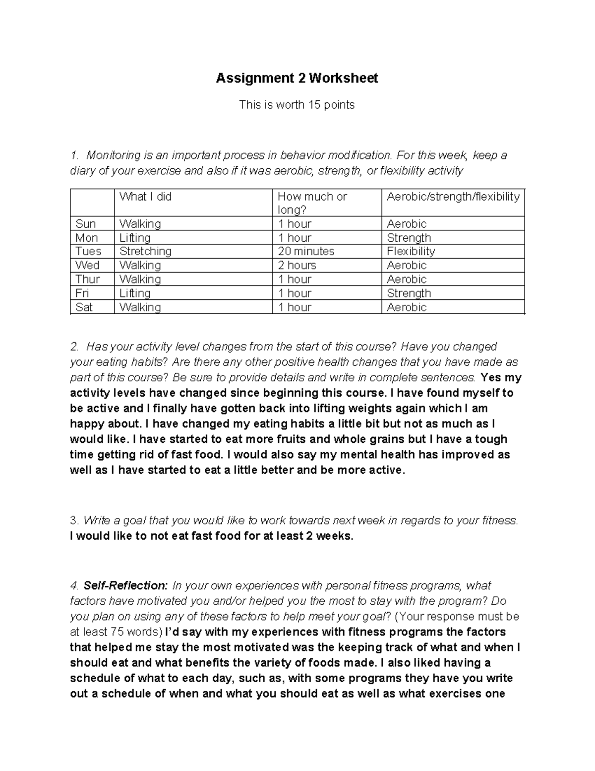 Assignment 2: Exercise Diary & Fitness Reflection Worksheet - Studocu