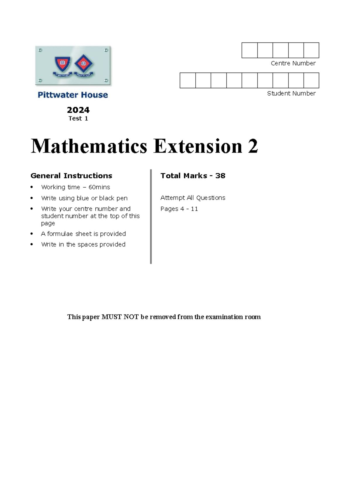 Mathematics Extension 2 Test 1 Practice ATB E1 - 2024 Exam Guide - Studocu