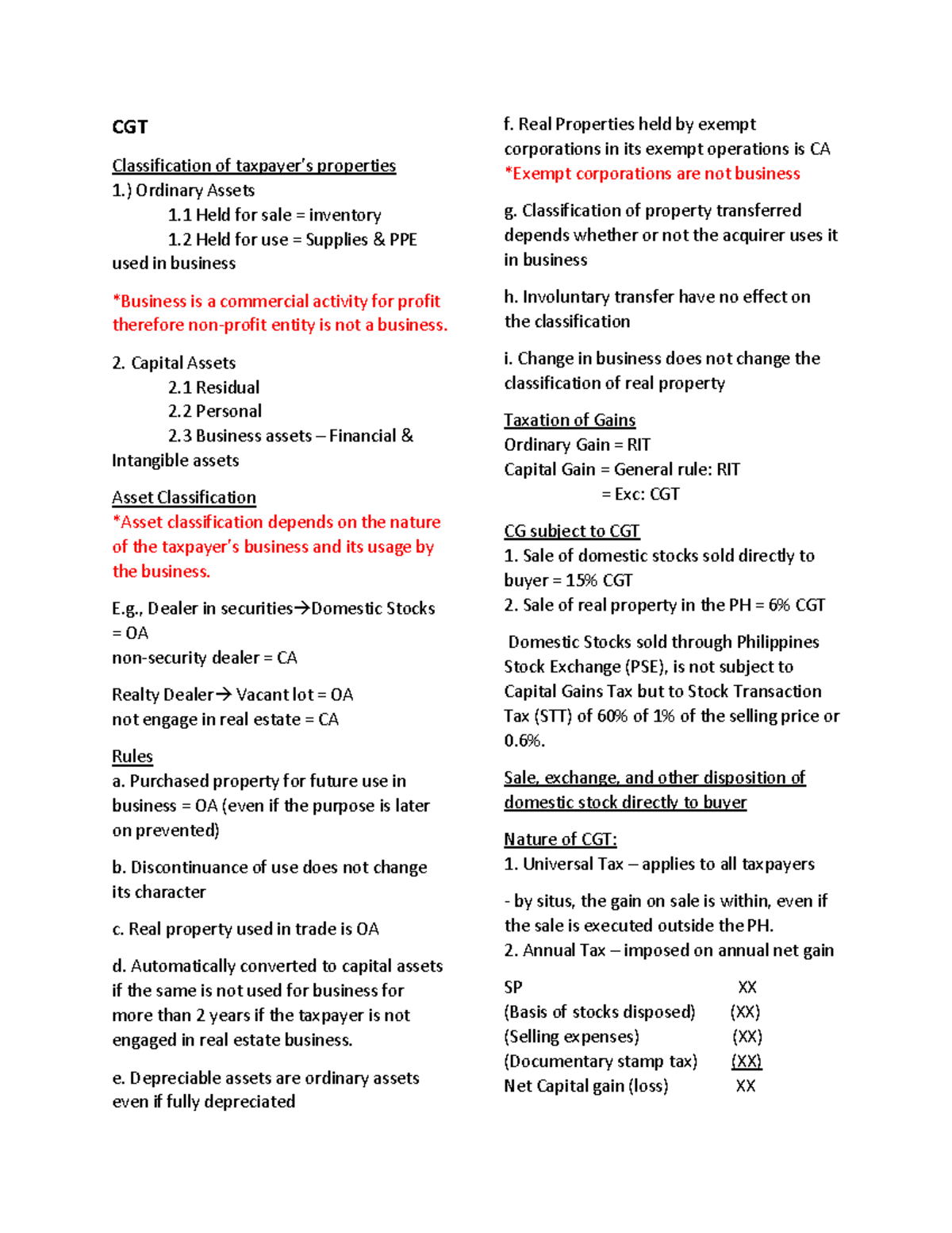 CGT Classification of Properties: Ordinary vs Capital Assets - Studocu