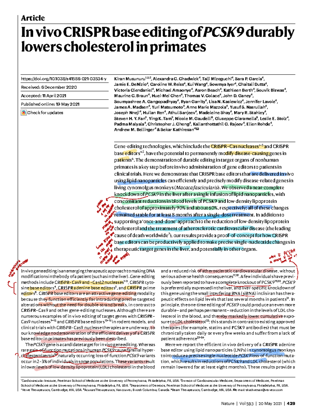 In Vivo CRISPR Base Editing of PCSK9: Cholesterol Reduction in Primates ...