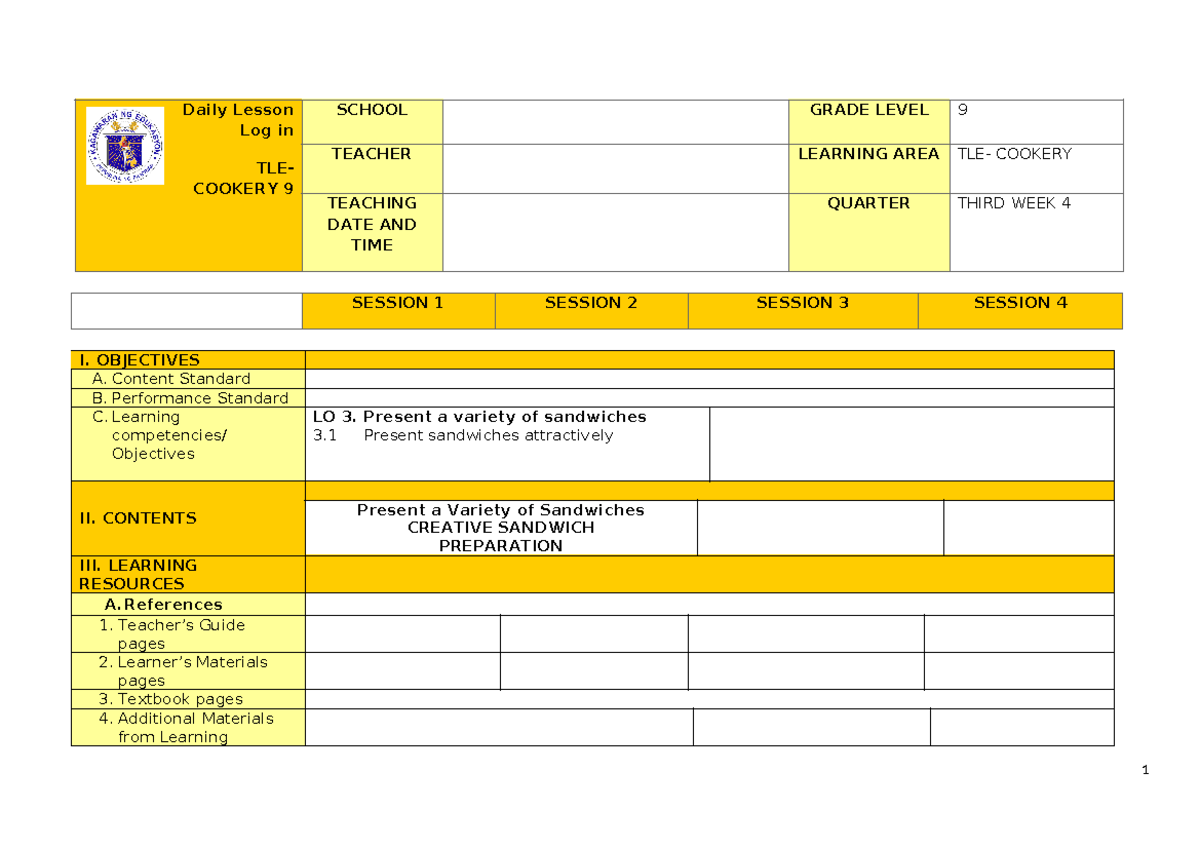 TLE-COOKERY 9 WEEK 4 - DAILY LESSON PLAN AND OBJECTIVES - Studocu