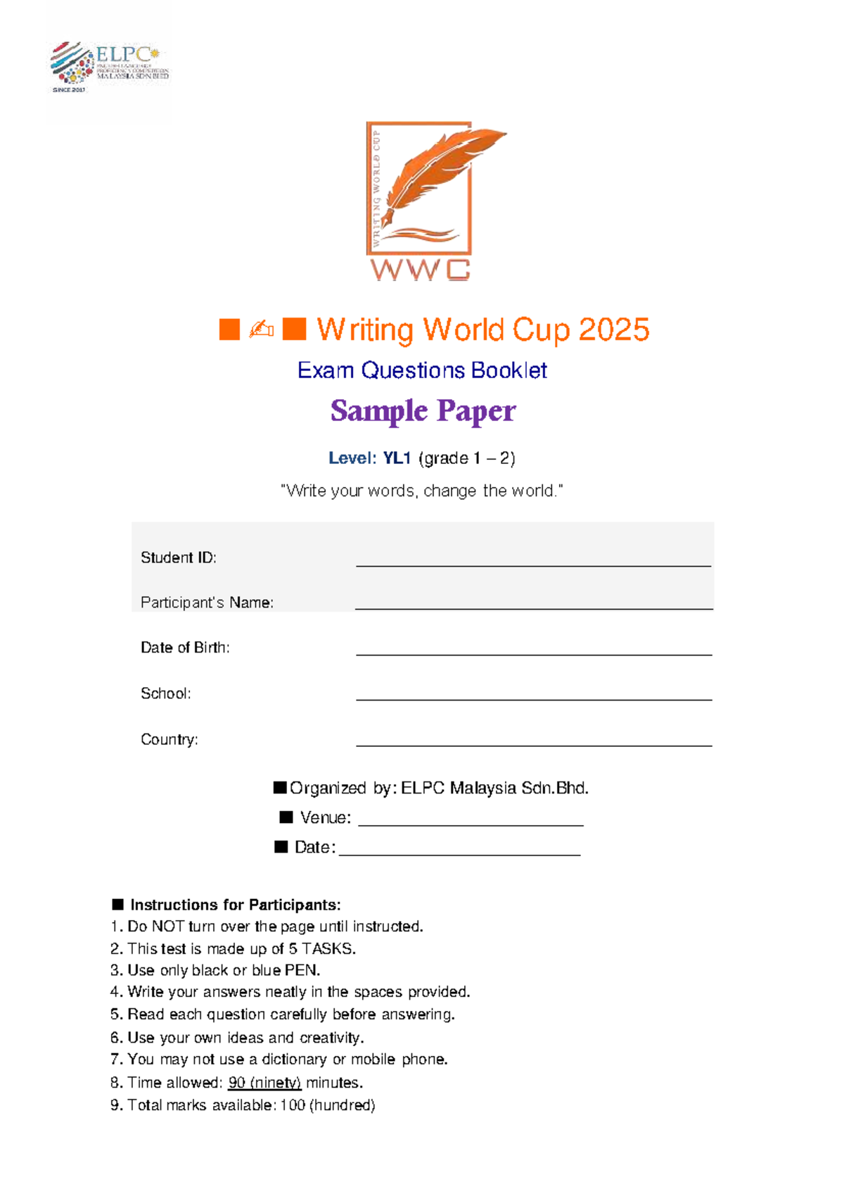 Writing World Cup 2025 YL1 Exam Questions Sample Paper - Studocu