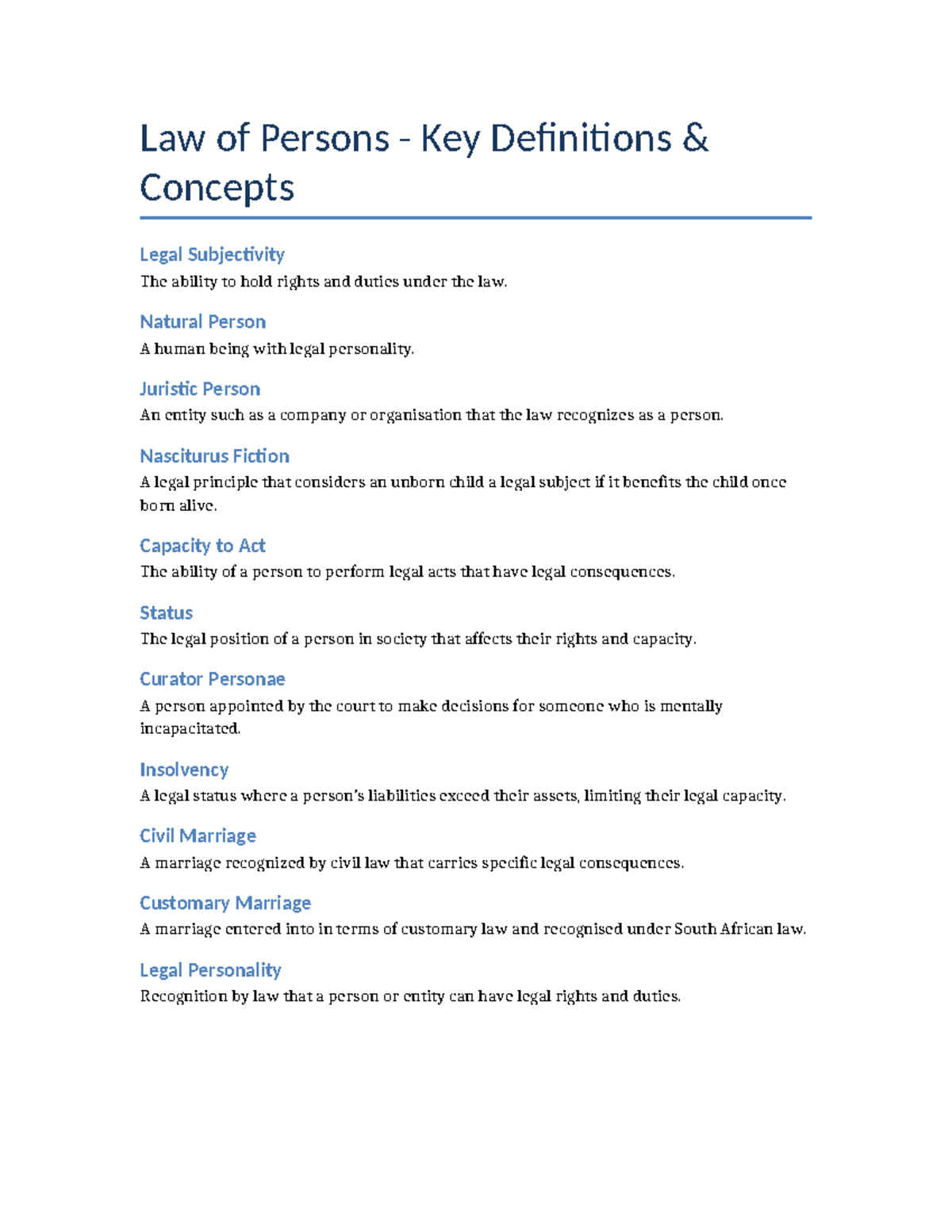 Law of Persons: Key Definitions & Concepts for Legal Subjectivity - Studocu