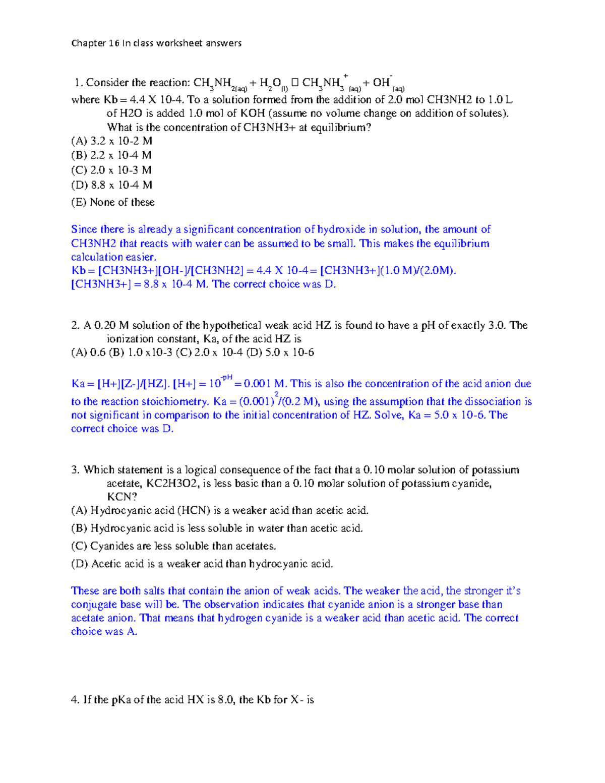 Acid-Base Equilibrium Calculations: Exam Answers for Chem 101 - Studocu