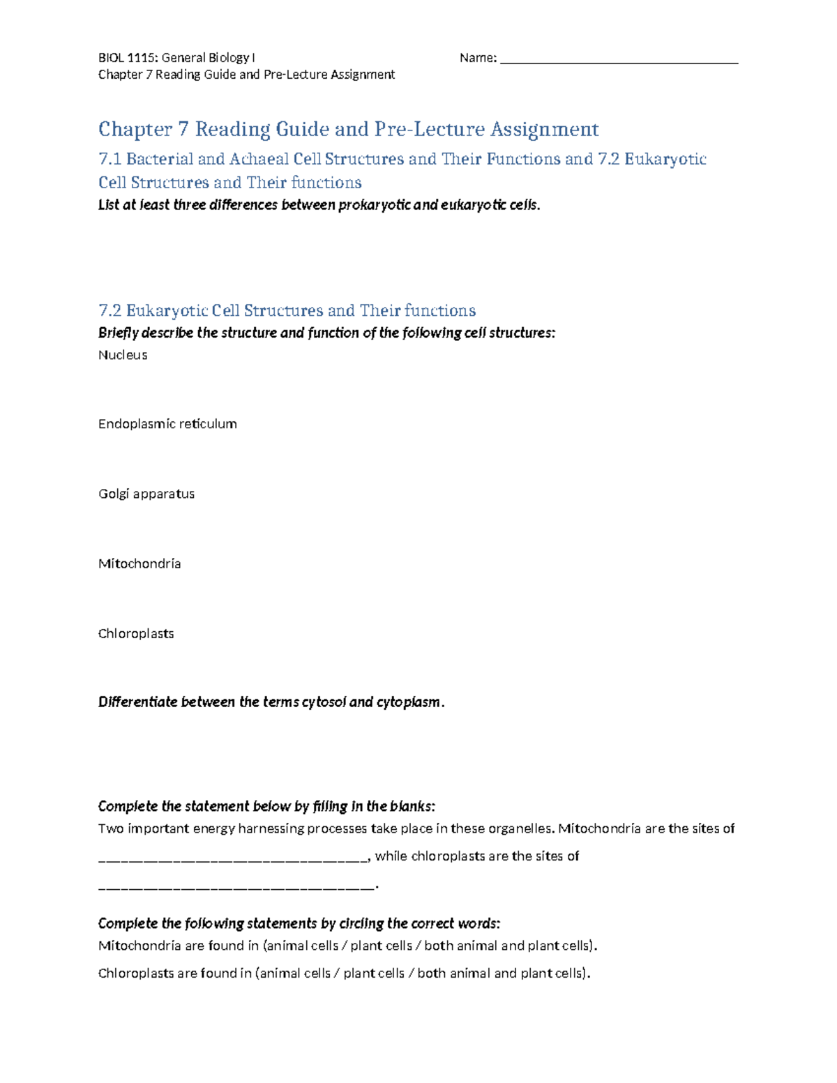 BIOL General Biology I Chapter 7 Reading Guide & Assignment - Studocu