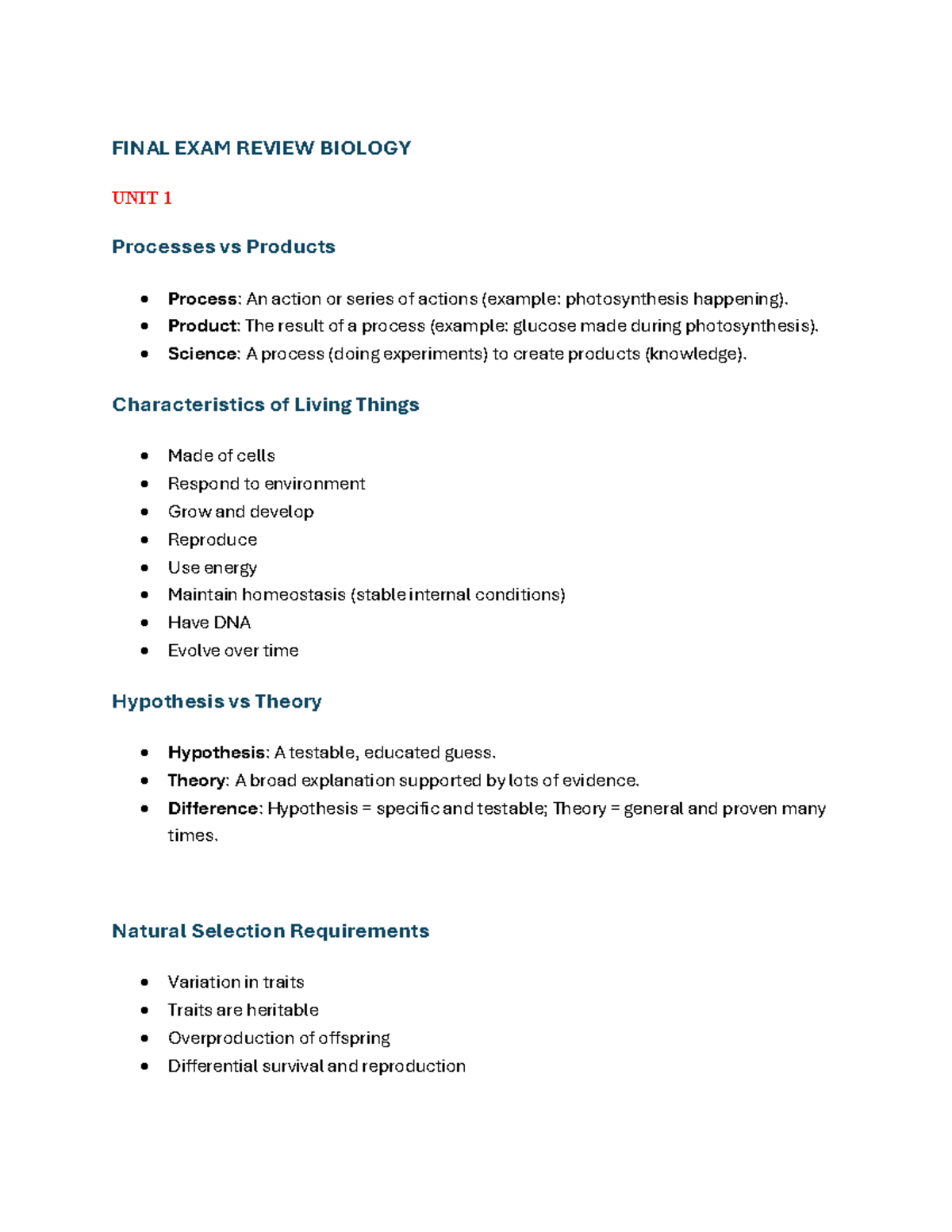 FINAL EXAM REVIEW: BIOLOGY UNIT 1 - Processes vs Products - Studocu