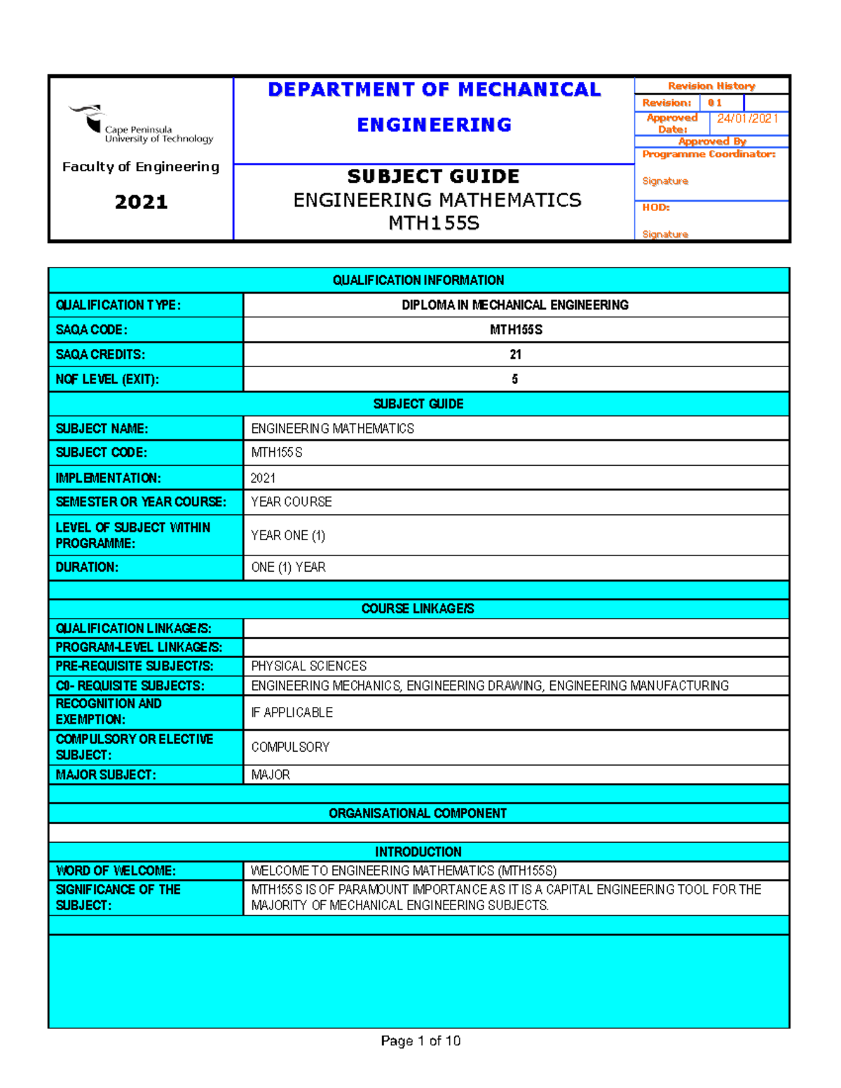 Subject Guide: Engineering Mathematics Overview (MTH155S) - 2021 - Studocu