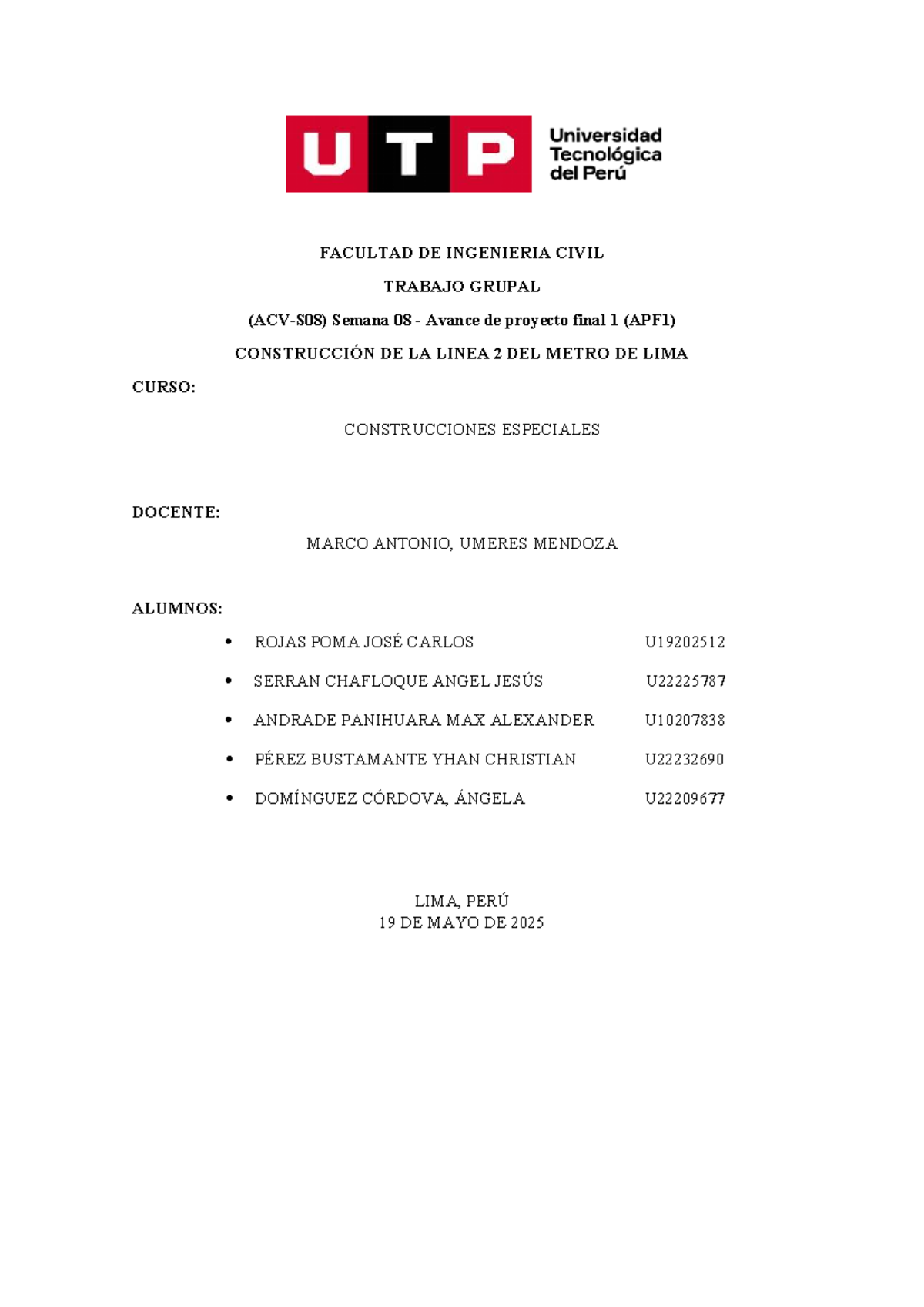 Avance de Proyecto Final 1 (APF1) - Línea 2 del Metro de Lima - Semana 09 - Document Preview