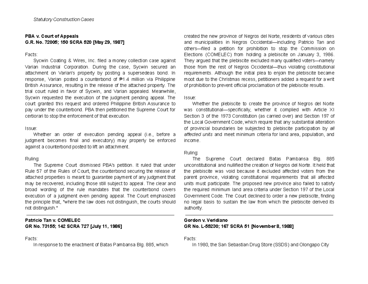 Statutory Construction Cases: Key Rulings and Issues (PBA, GR Nos. 150 ...
