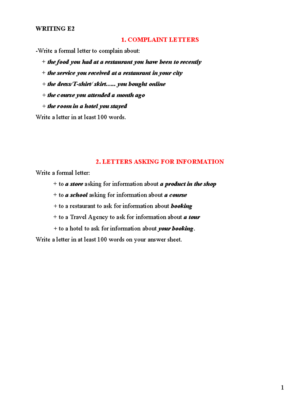 SV - Writing E2: Complaint & Inquiry Letters for STS 2 - Studocu