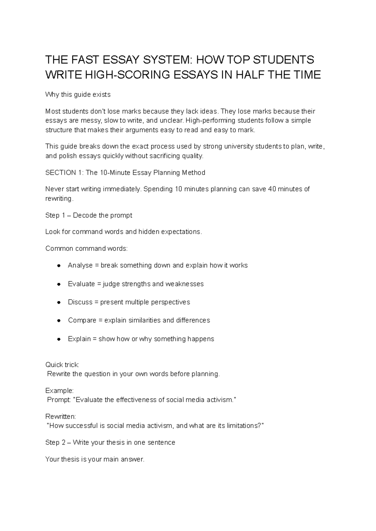 THE FAST ESSAY SYSTEM: A Guide for Writing Success in ENG101 - Studocu