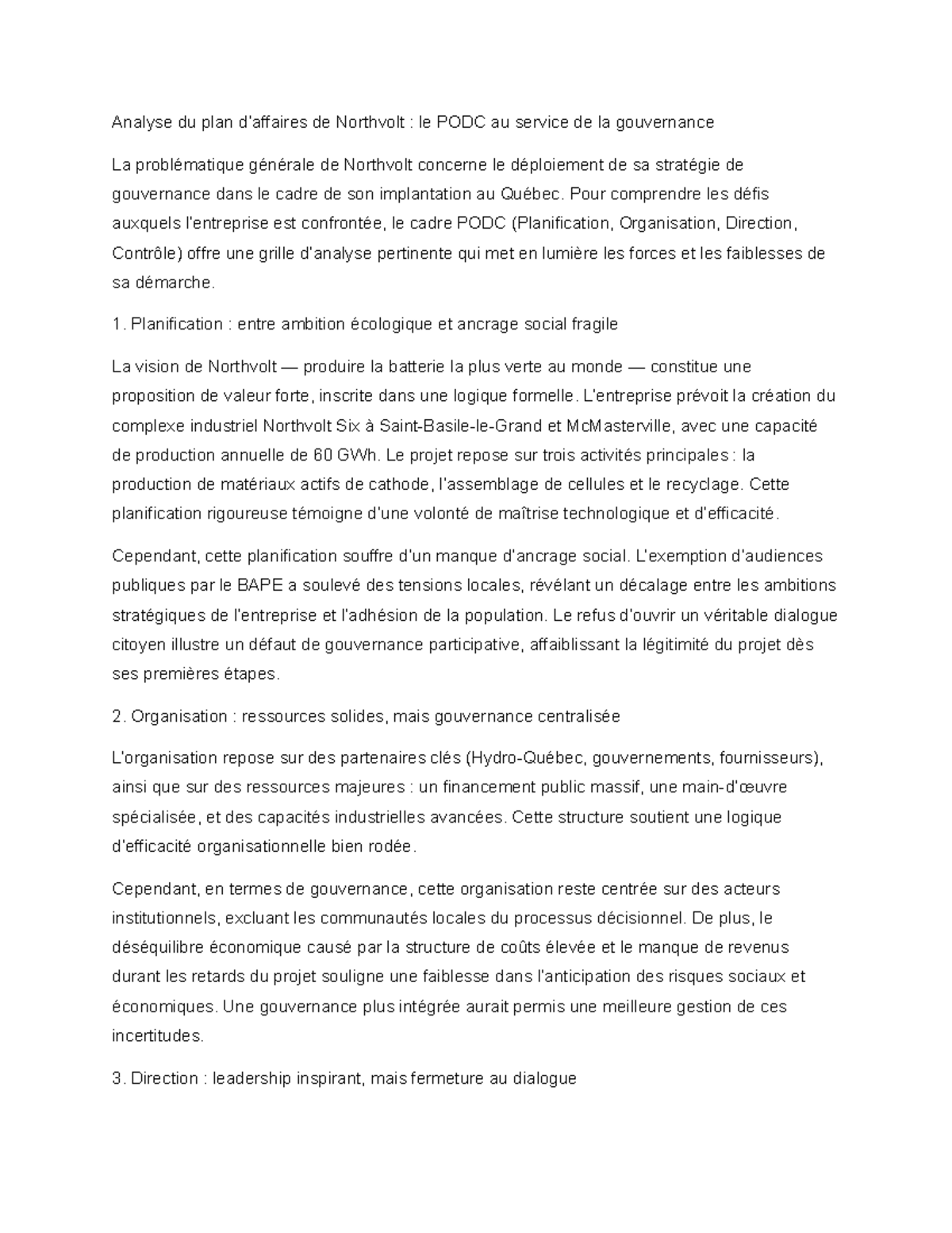 Analyse du plan de Northvolt : PODC et gouvernance au Québec - Studocu