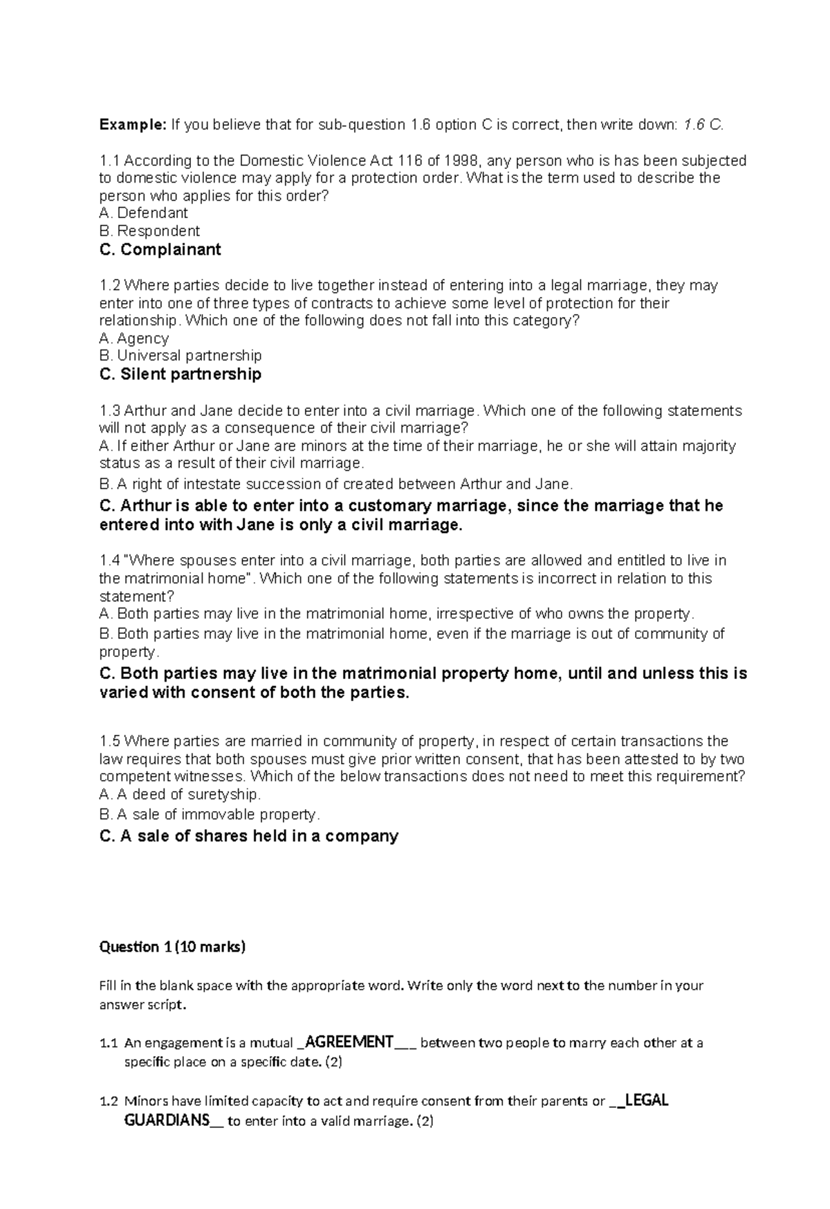 Family Law LFL162 Final Exam Study Guide and Practice Questions - Studocu