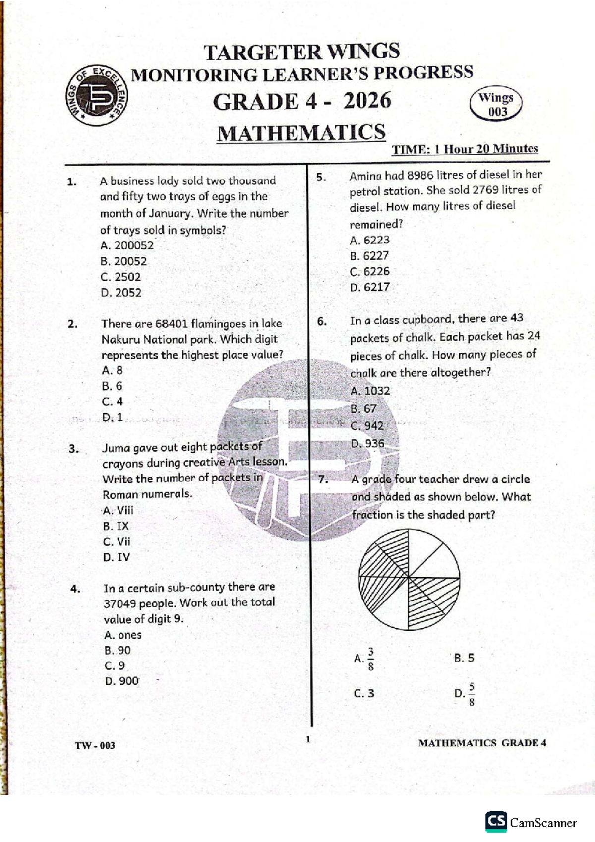 G4 TW 003 Mathematics Grade 4 Assessment Test - Studocu