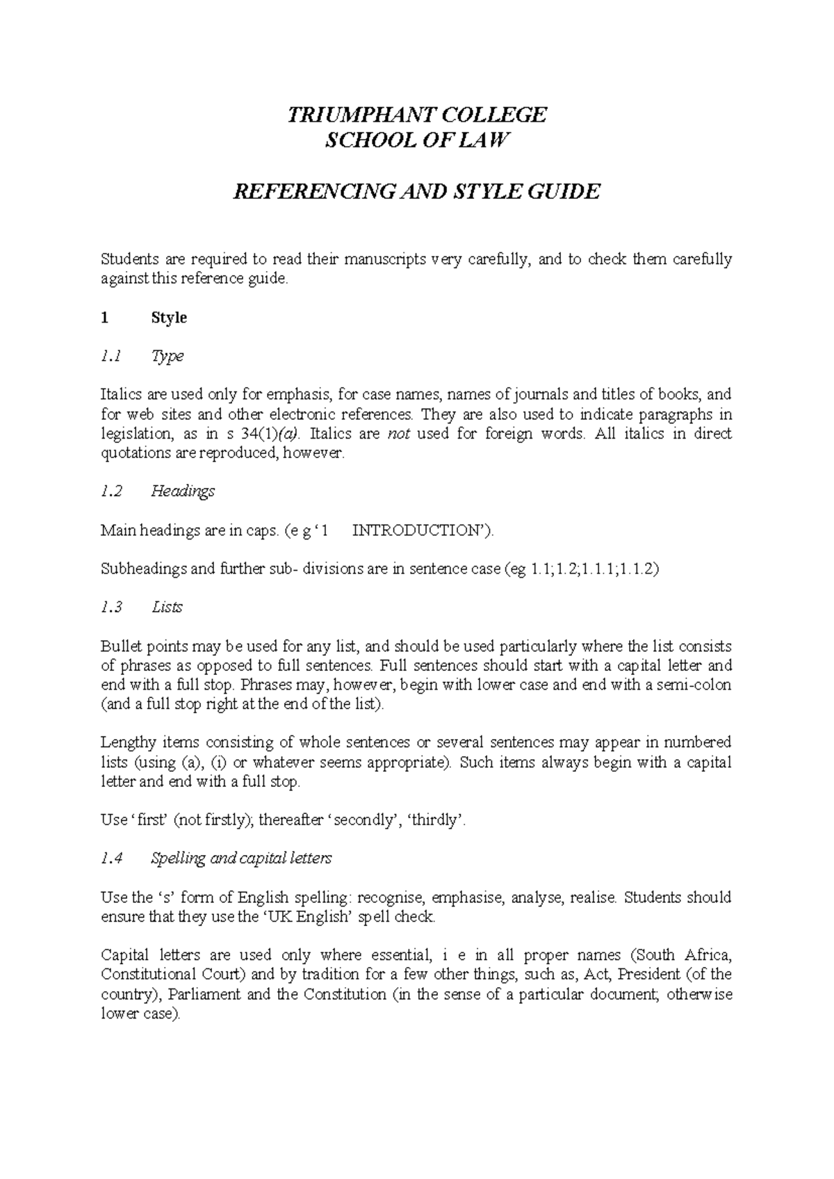 Reference and Style Guide - TRIUMPHANT COLLEGE SCHOOL OF LAW ...