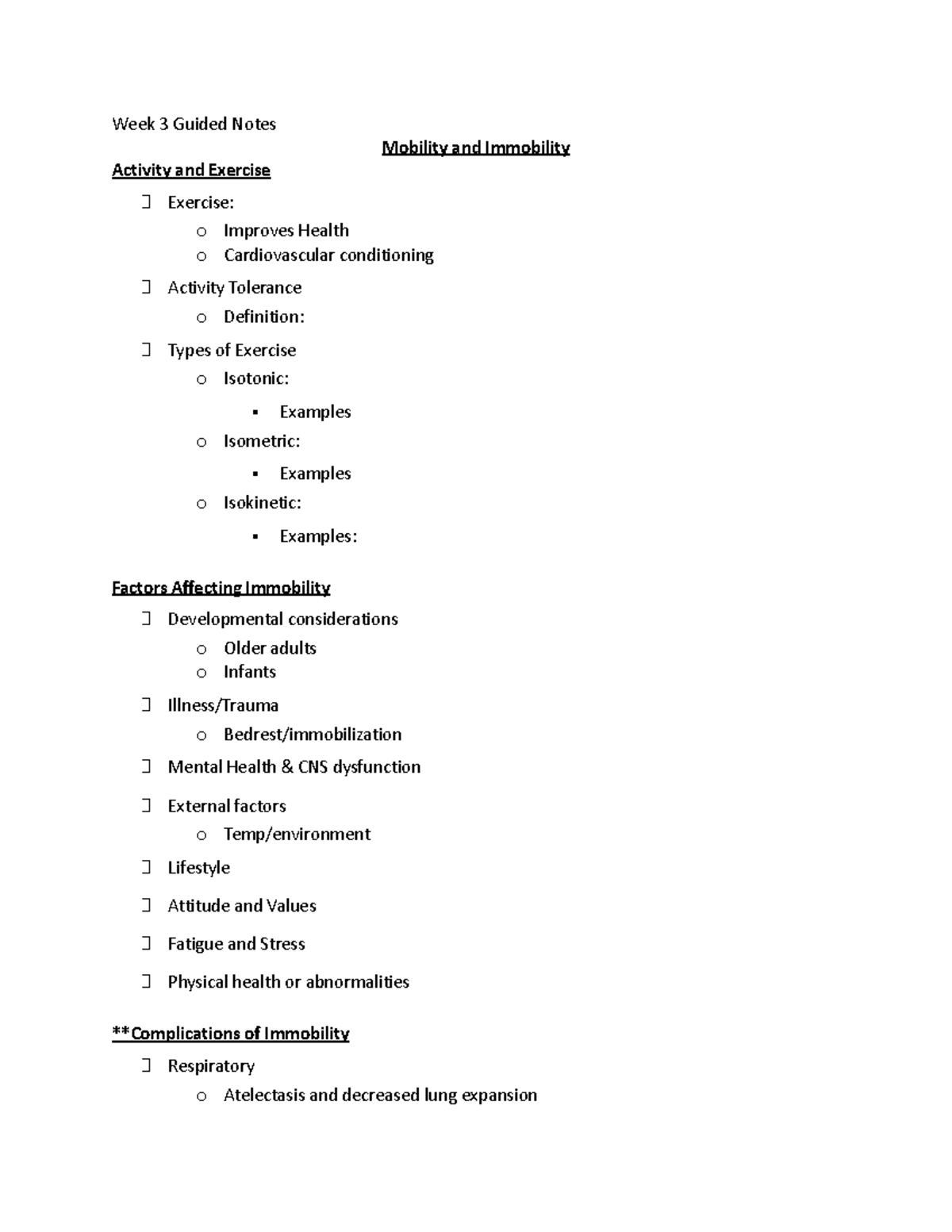 Week 3 Guided Notes: Mobility, Immobility, Activity & Exercise - Studocu