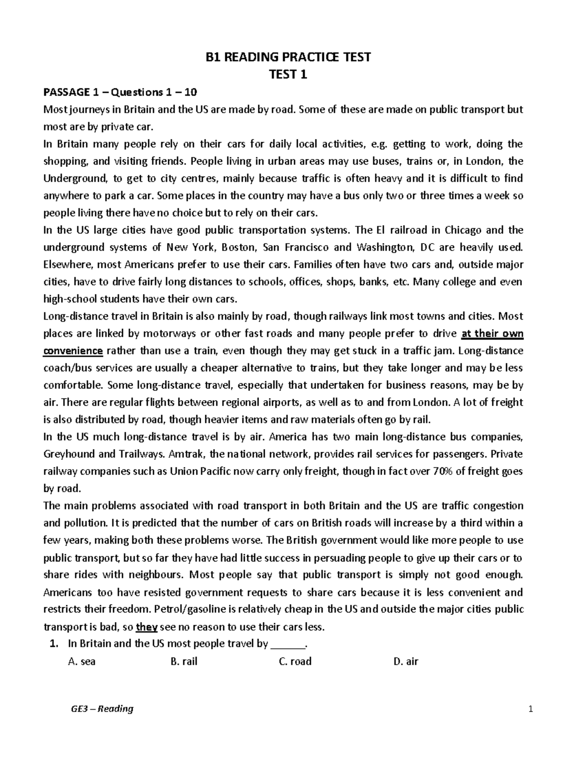 B1 READING PRACTICE TESTS - COMPREHENSIVE REVIEW - Studocu