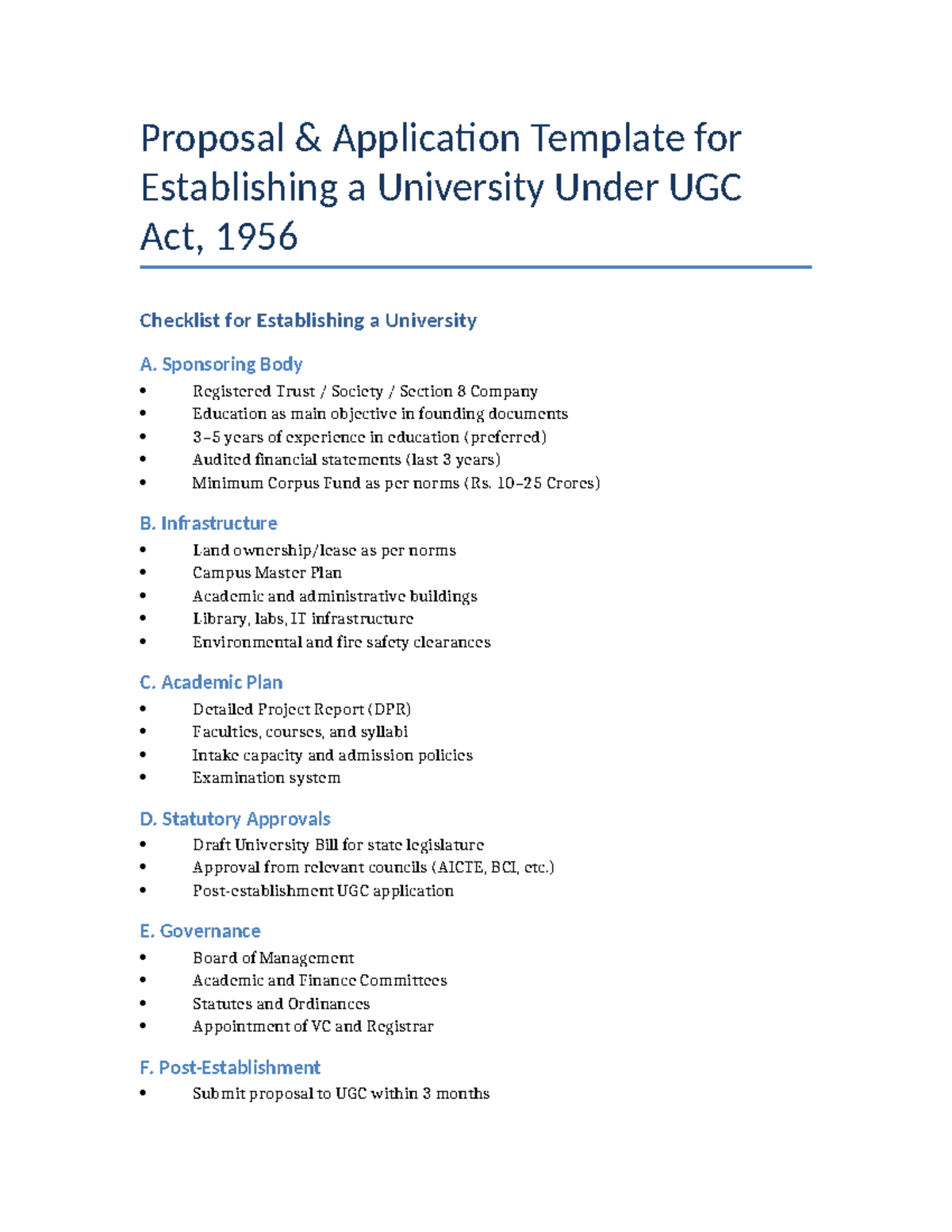 UGC Proposal Application Template for Establishing a University - Studocu