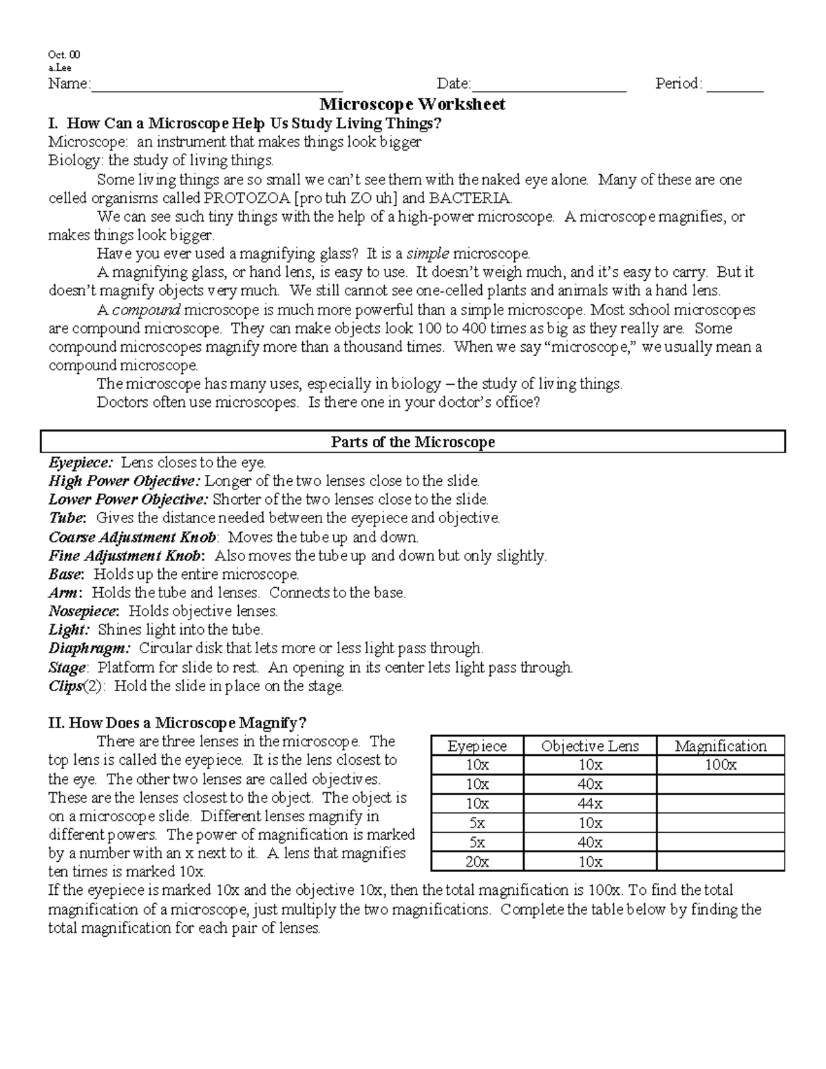 Microscope worksheet - Bot - Oct. 00 a Name ...
