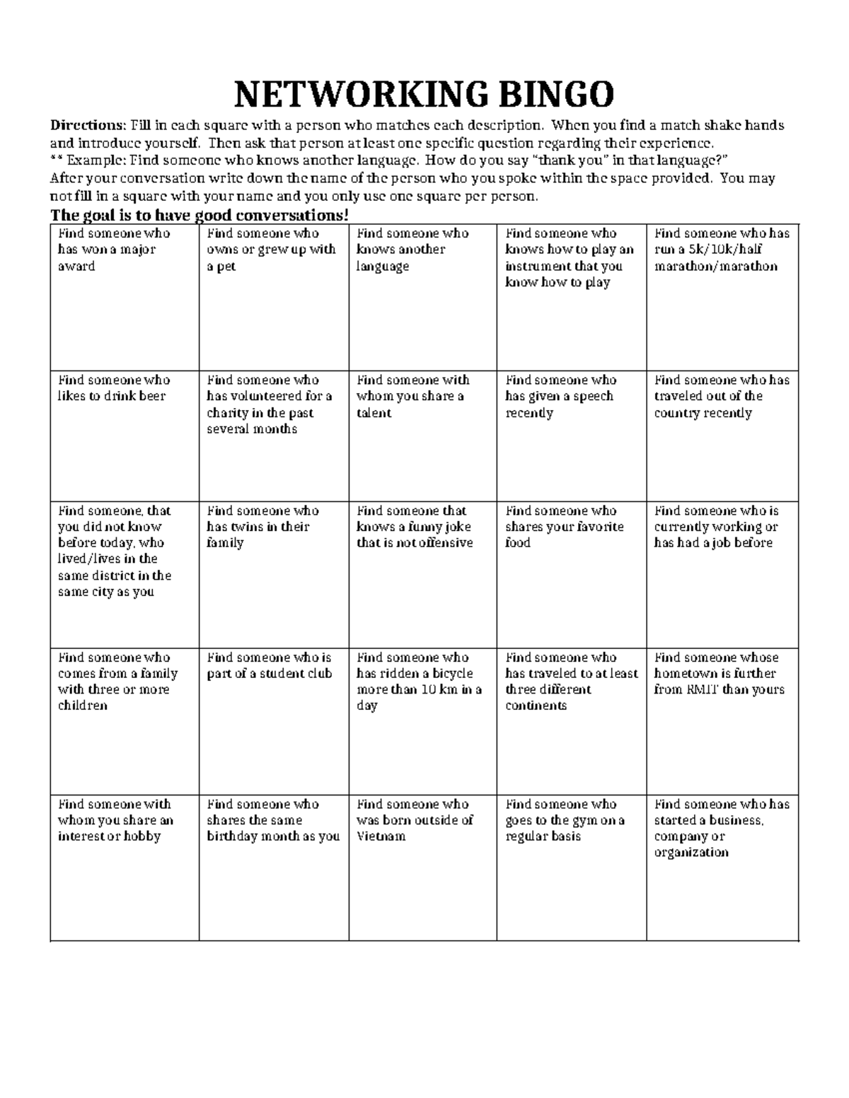 Handout Networking Bingo - NETWORKING BINGO Directions: Fill in each ...