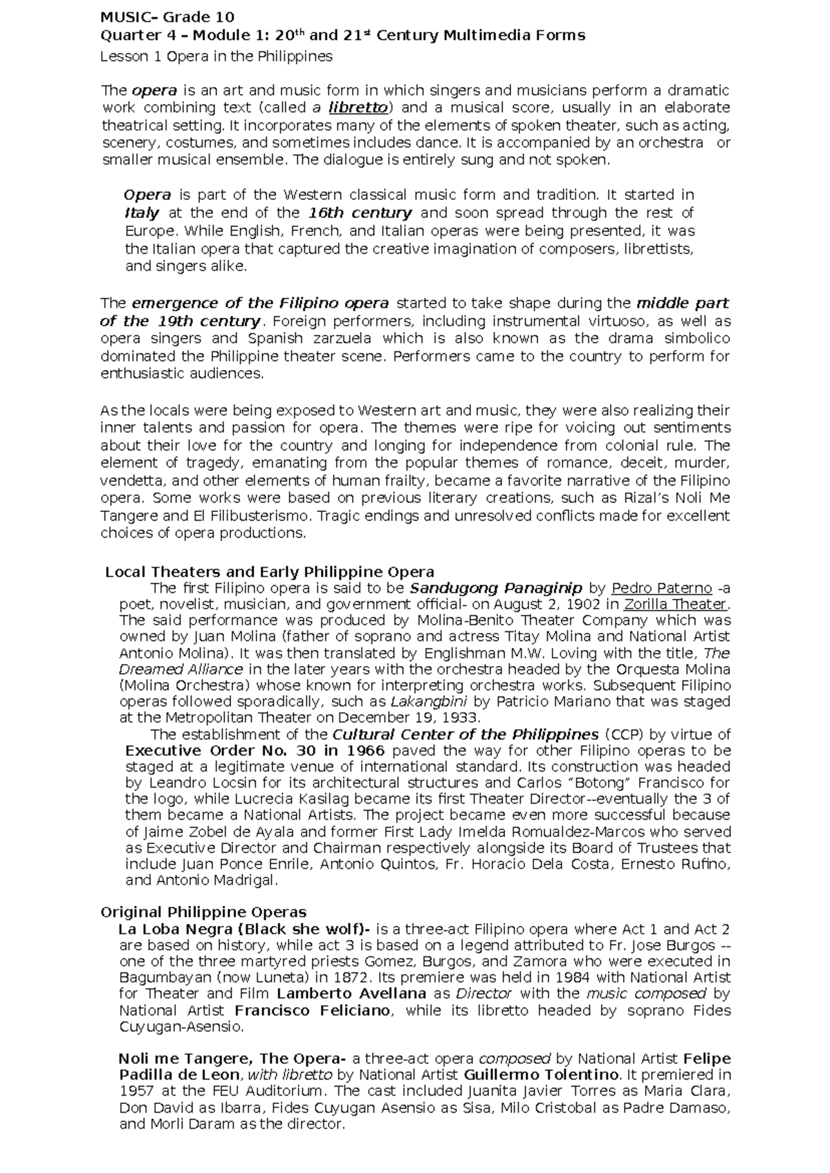 Grade 10 Music Q4 Module 1: Exploring Philippine Opera and Ballet - Studocu