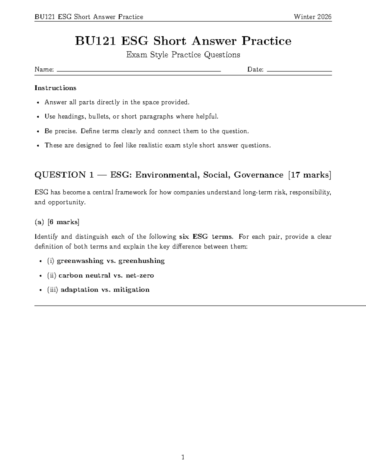 BU121 ESG Short Answer Practice Questions - Winter 2026 - Studocu