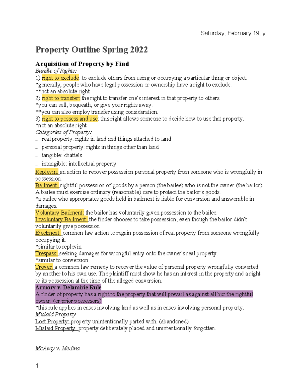 Property Law Outline: Key Concepts & Rights (Spring 2022) - Studocu