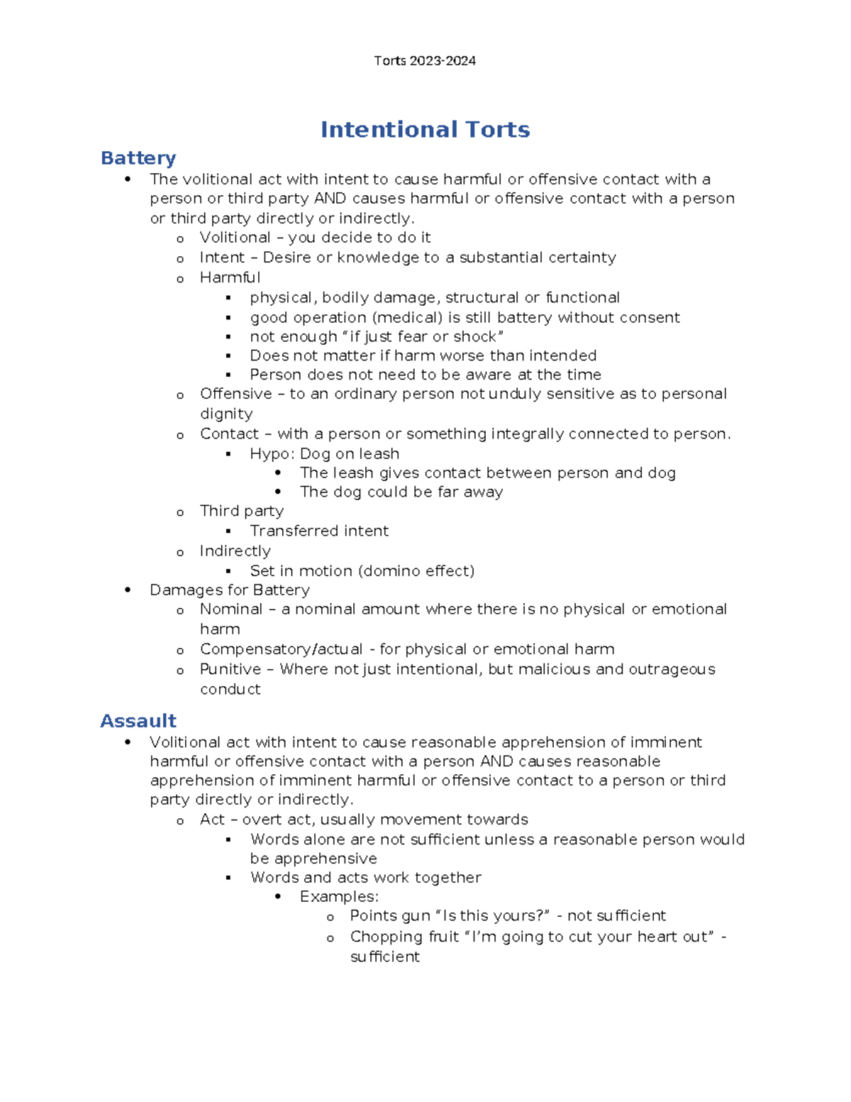 Final Exam Study Guide for Course XYZ 101: Intentional Torts Overview ...