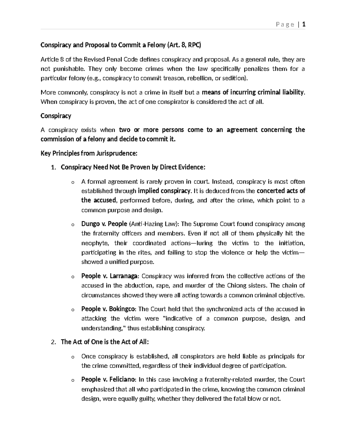 Conspiracy and Proposal to Commit a Felony (Art. 8, RPC) Analysis - Studocu