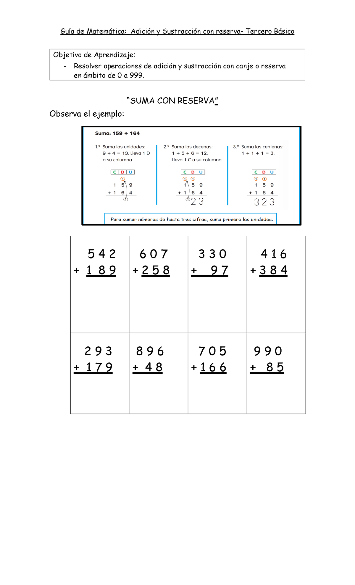 2.- Matemática: Adición y Sustracción con Reserva - Tercero Básico ...