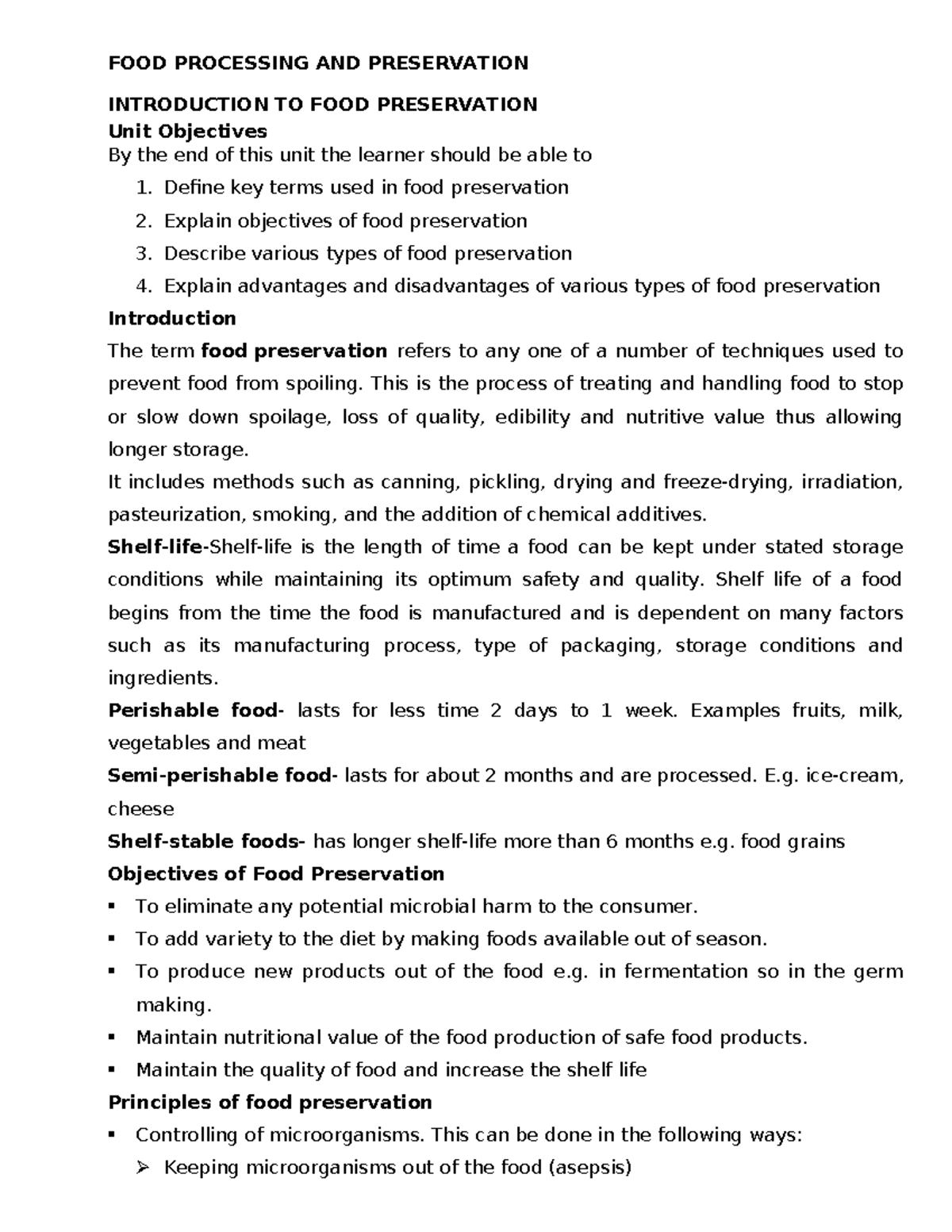 FOOD PROCESSING AND PRESERVATION: Final Exam Notes - Studocu
