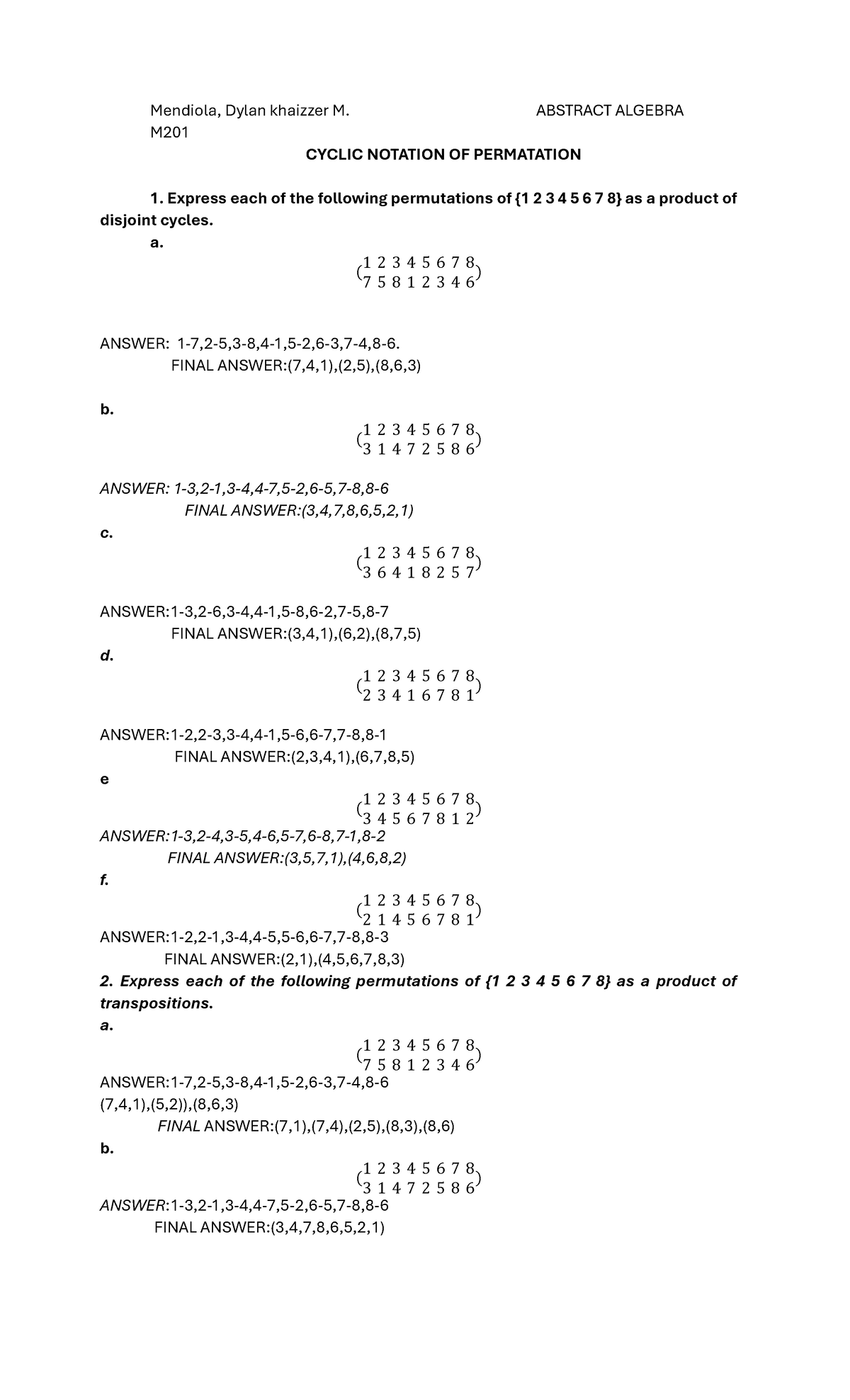 Cyclic Notation of Permutations - Abstract Algebra M201 - Studocu