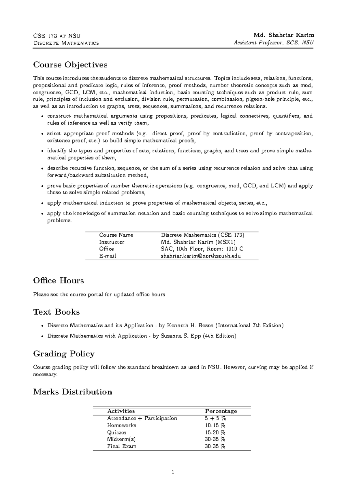 CSE 173 Discrete Mathematics Course Outline and Objectives - Studocu