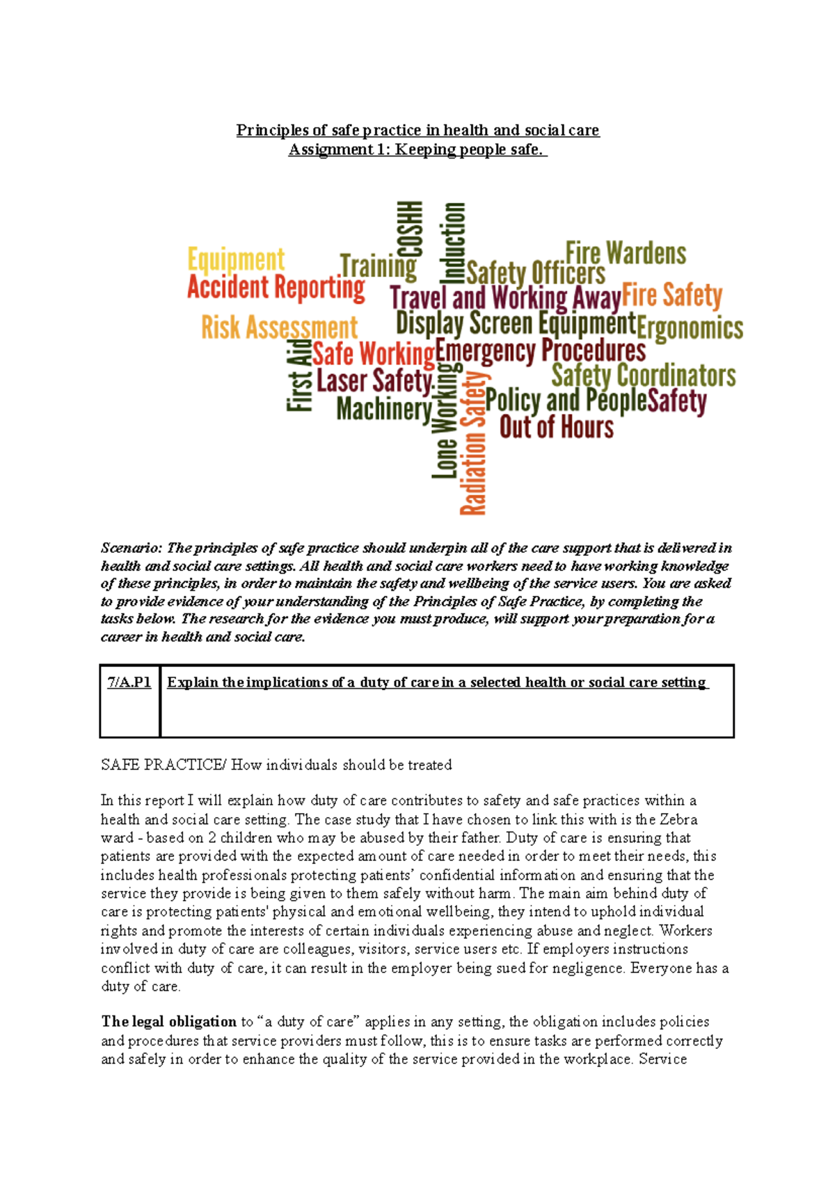 Principles of safe practice in health and social care - Scenario: The ...