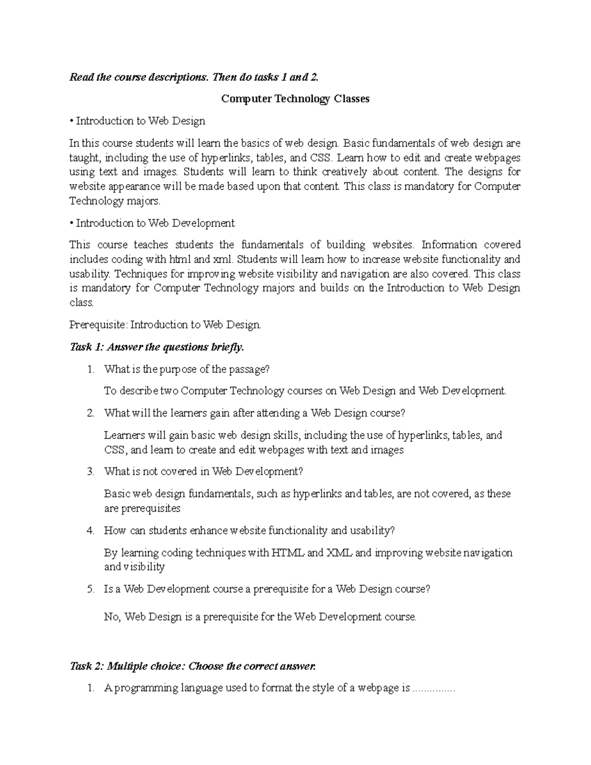 Reading - fsdfasdf - Read the course descriptions. Then do tasks 1 and ...