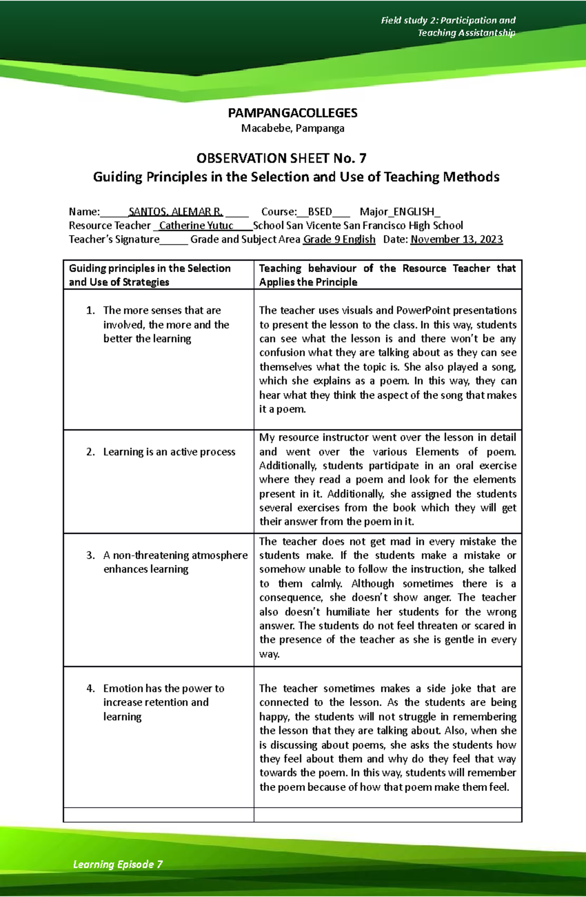 Observation-sheet-7 - Field Study 2 Episode 7 Observation sheet ...