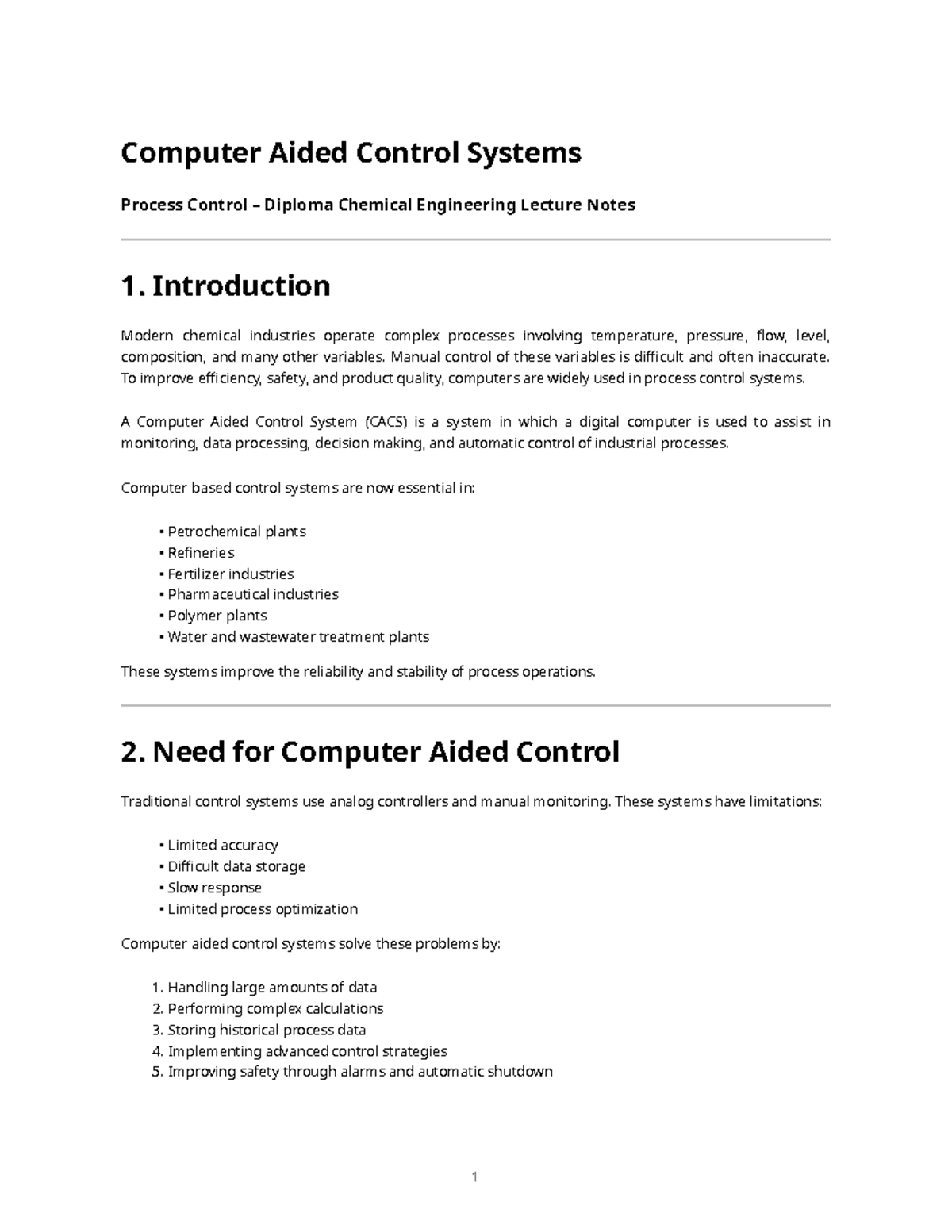 CACS 101: Lecture Notes on Computer Aided Control Systems in Chemical ...