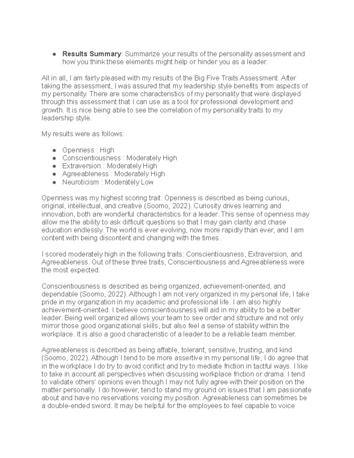 BUS 210 MOD 1 Personality Assessment & Leadership Reflection - Studocu