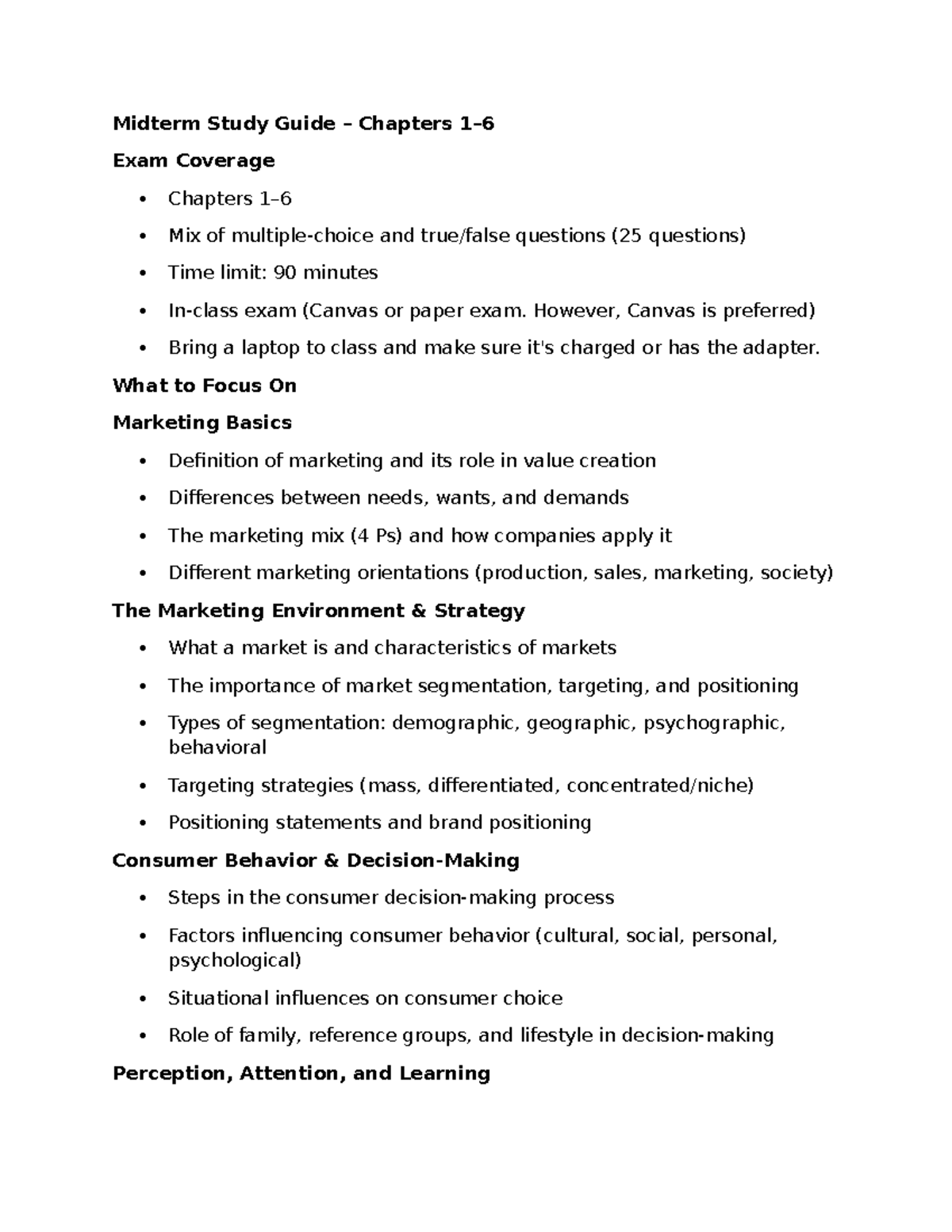 Midterm Study Guide MKT 101: Chapters 1-6 Exam Coverage - Studocu