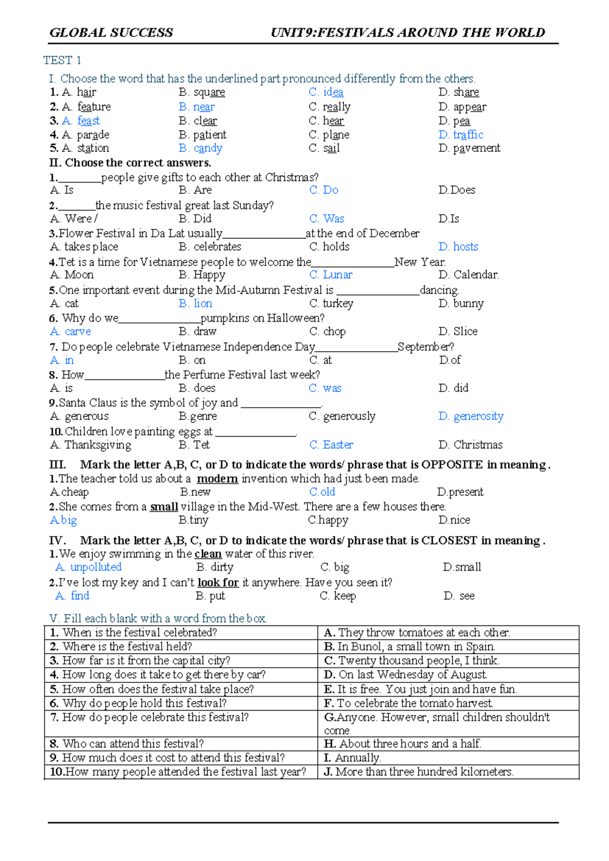 GLOBAL SUCCESS 7 UNIT 9: FESTIVALS AROUND THE WORLD TEST 1 - Studocu