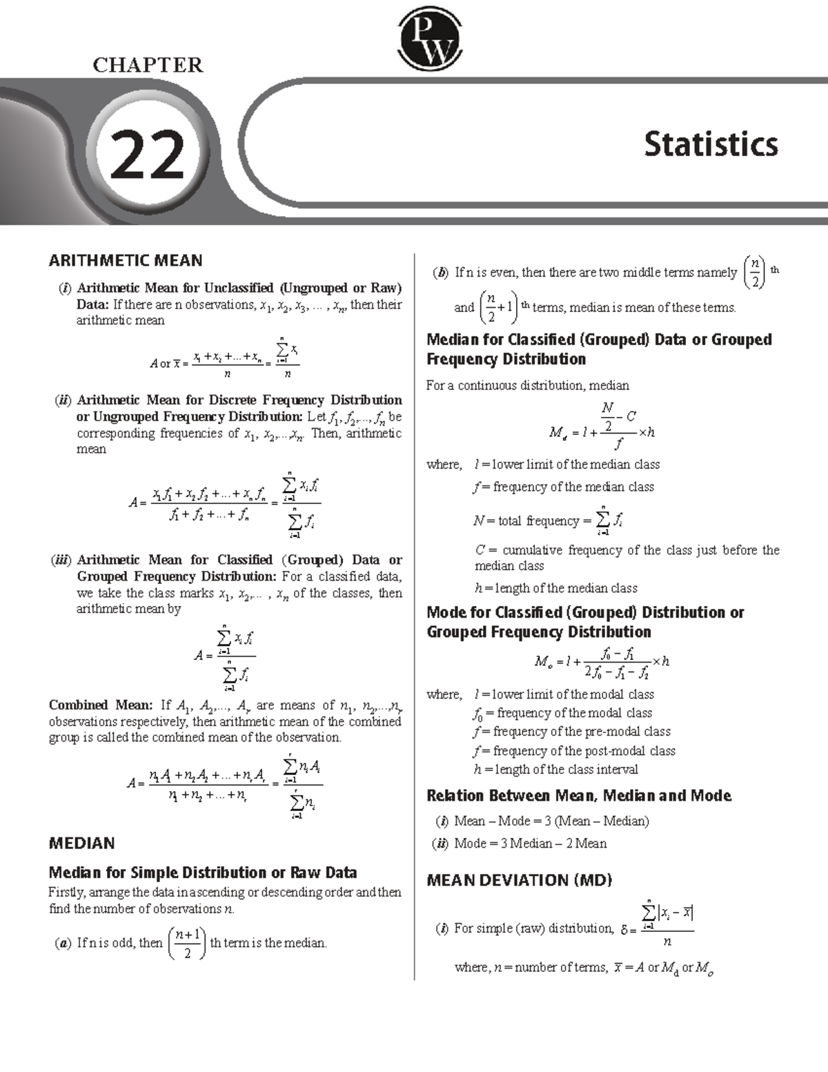 CHAPTER 22 Statistics: Short Notes on Arithmetic Mean and Median - Studocu