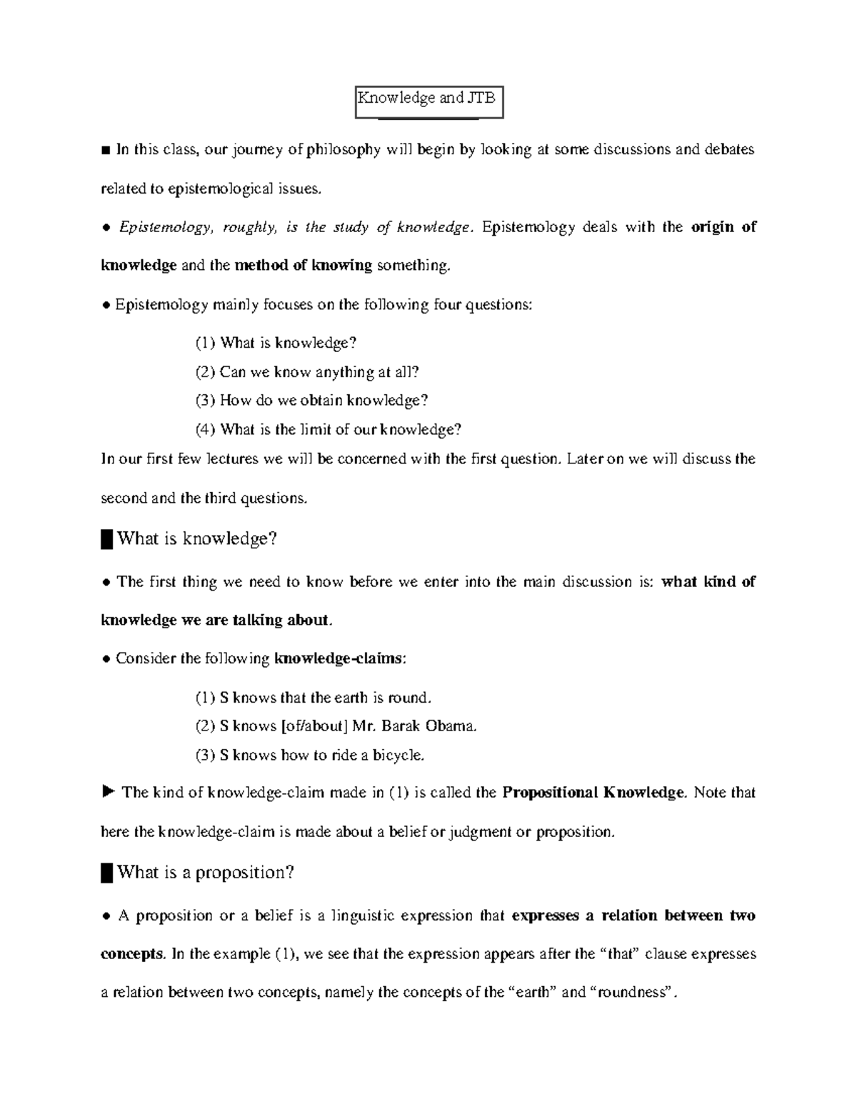 Knowledge and JTB - Lecture notes 5,6 - Knowledge and JTB Lecture 6 7 ...
