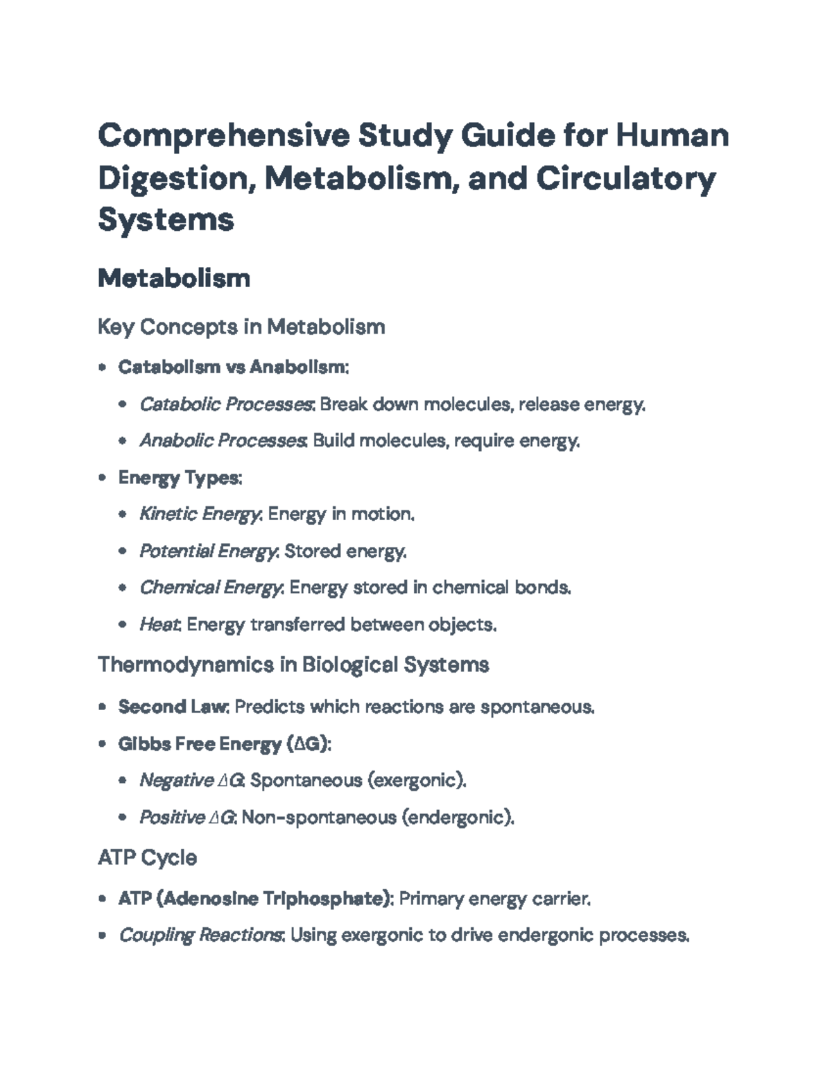 Comprehensive Study Guide for Human Metabolism, Digestion & Circulation ...
