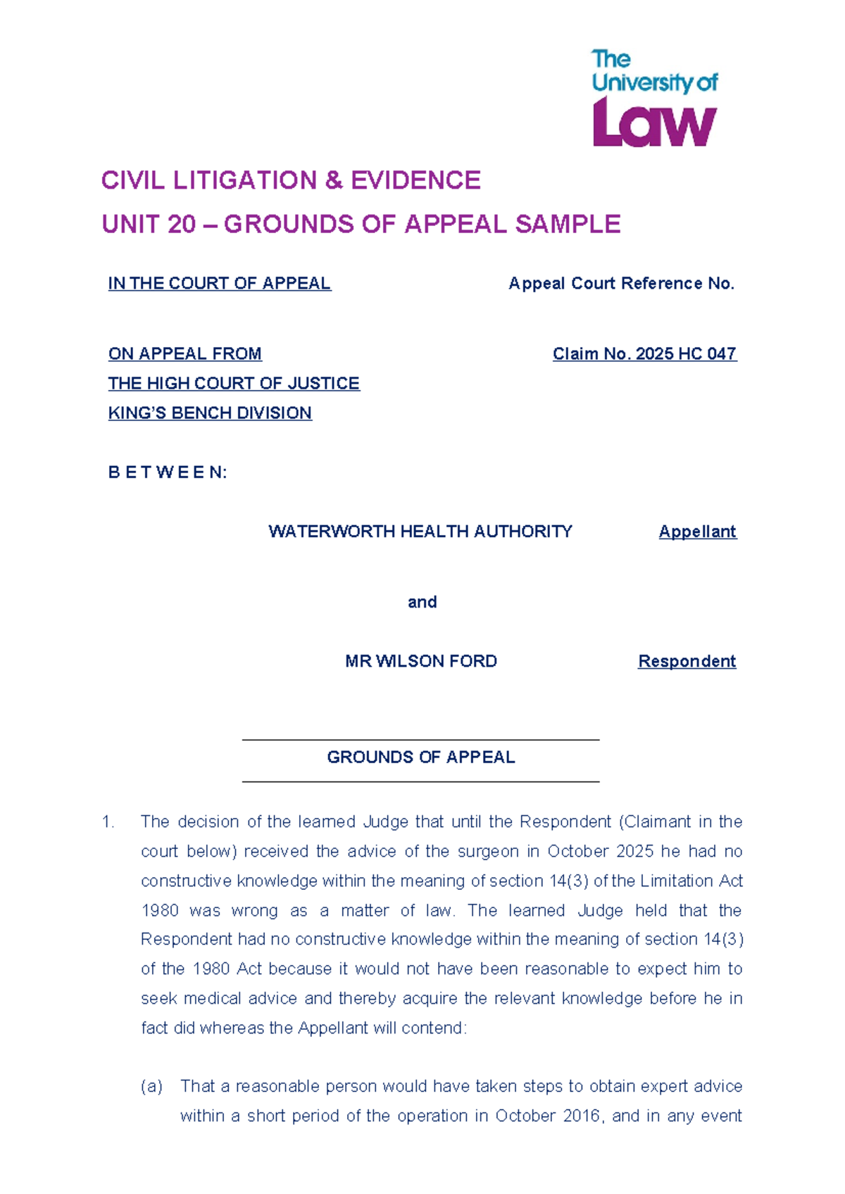 CIVIL LITIGATION UNIT 20: Sample Grounds of Appeal Analysis - Studocu