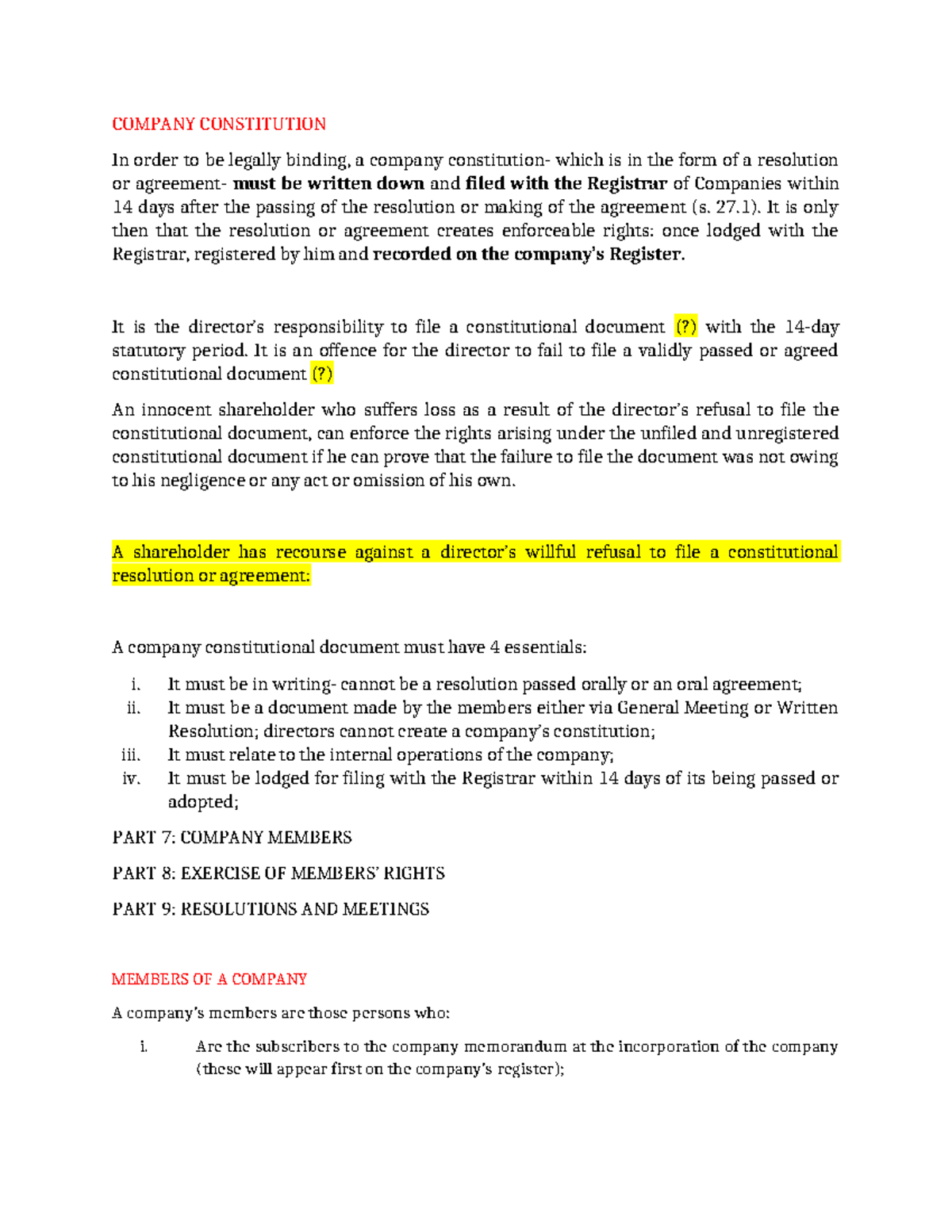 Commercial Transactions - Company Law: Constitution, Members' Rights ...