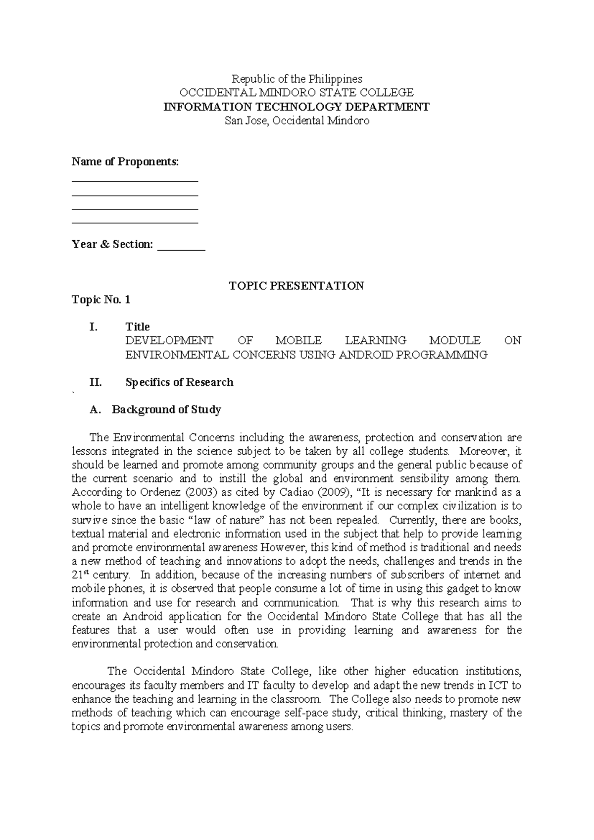 IT 101: Capstone Project Proposal on Mobile Learning Module Development ...