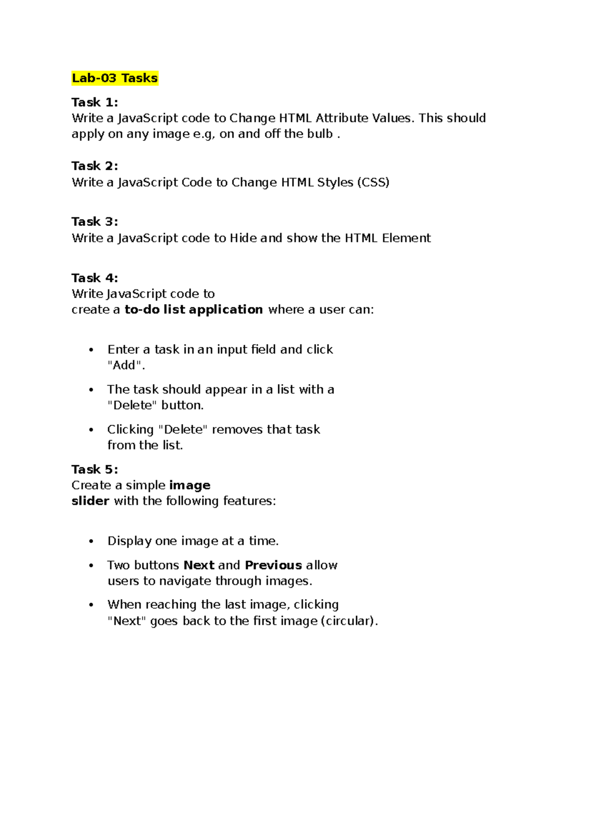 Lab 05: JavaScript Tasks for HTML Manipulation and Effects - Studocu