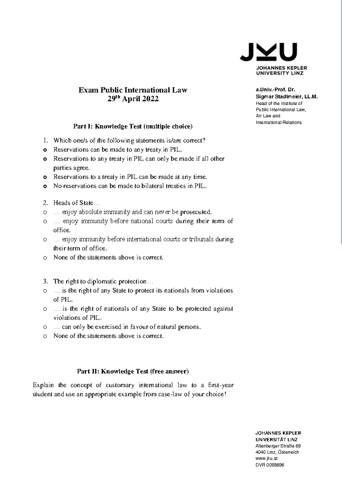 Public International Law Exam Questions & Legal Problem Analysis - Studocu